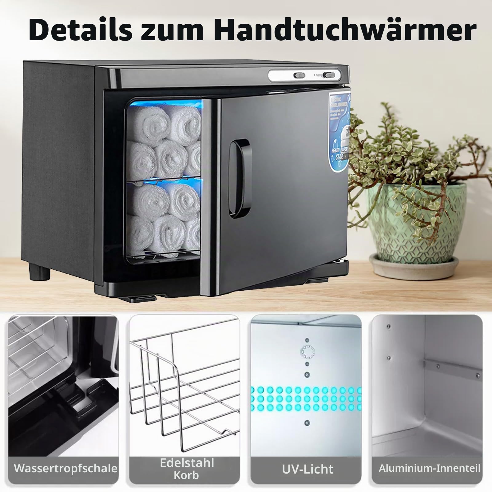 25L Handtuchwärmer, UV-Handtuch Desinfektionschrank, Kompressenwärmer, Heißes Handtuch Sterilisator Kabinett-360° Heizfunktion, Handtuchheizschrank für Schönheit, Salon, Spa (Schwarz)