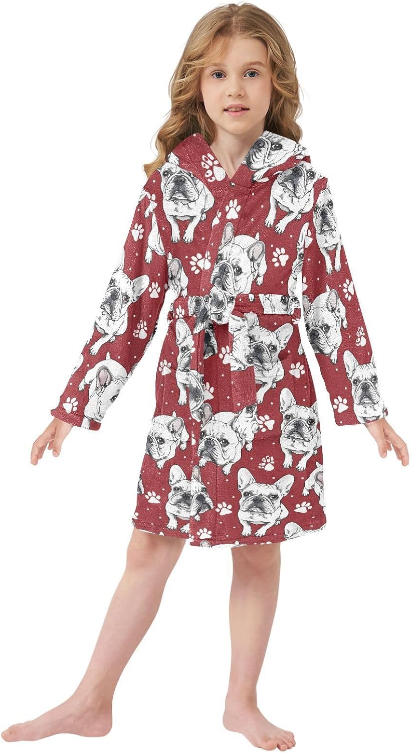 senya Bulldog Gery on Red Toddler Hooded Bathrobe Kids Soft Plush Bath Towel Robes for Boys Girls 2-12 Years