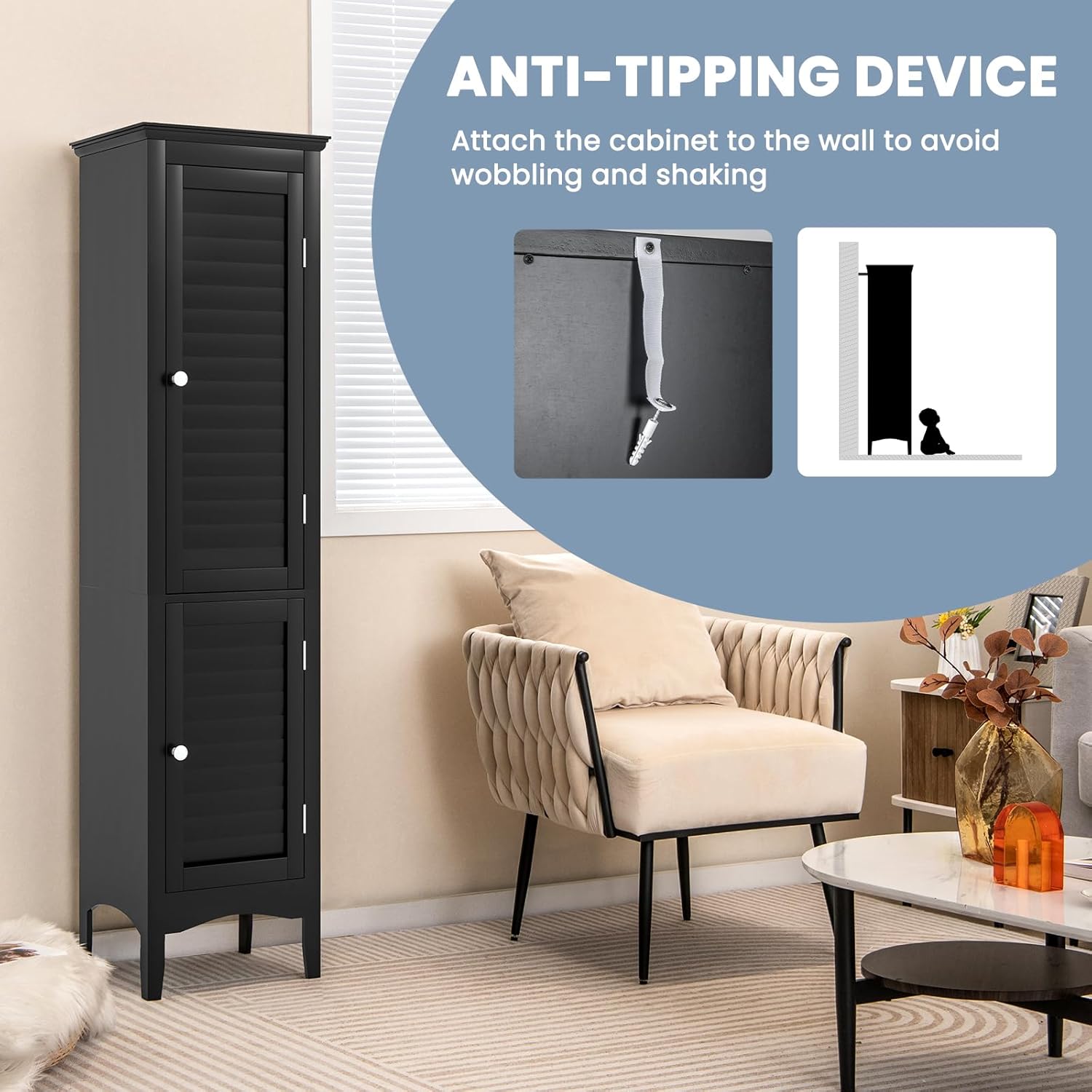 Bathroom Storage Cabinet, Narrow Tall Bathroom Cabinet with 3-Position Adjustable Shelf, 2 Doors, Anti-Tipping Device, Floor Freestanding Cabinet for Bathroom, Living Room (Black)