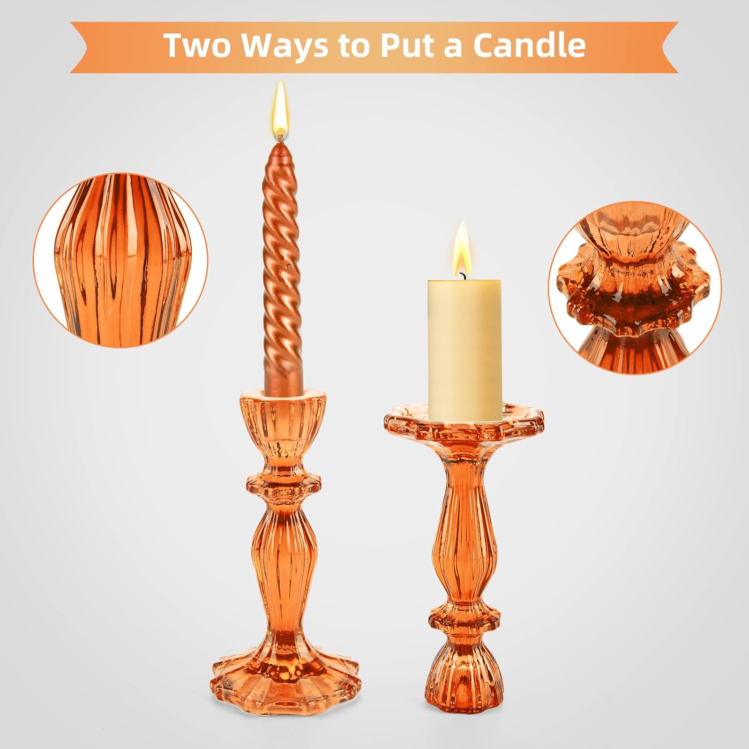 Glass Candle Holders, 2PCS Pillar Candle Holders Decorative Candlestick Holders Table Centerpieces Valentines Wedding Home Decor, Orange - Image 3