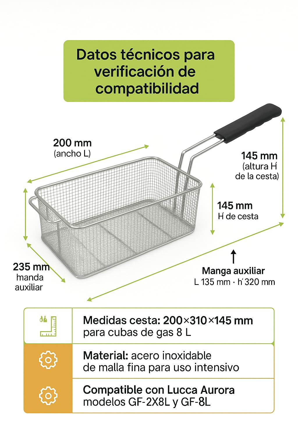 CubetasGastronorm ® Cesta Freidora Gas 8L 200x310x145mm Acero Inoxidable Cocina Profesional Recambio Universal Compatible Con Lucca Aurora GF-2X8L GF-8L Asa Fria Para Freidoras De Hosteleria Plus