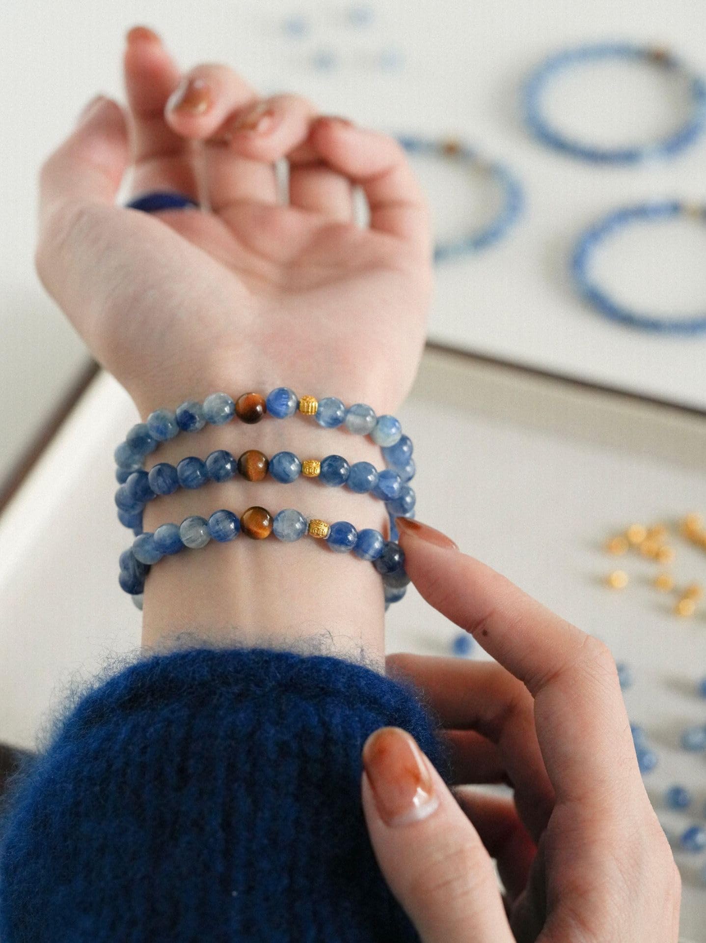 Braccialetto Artigianale Bracciale Con Occhio Di Tigre E Cianite Da 6mm