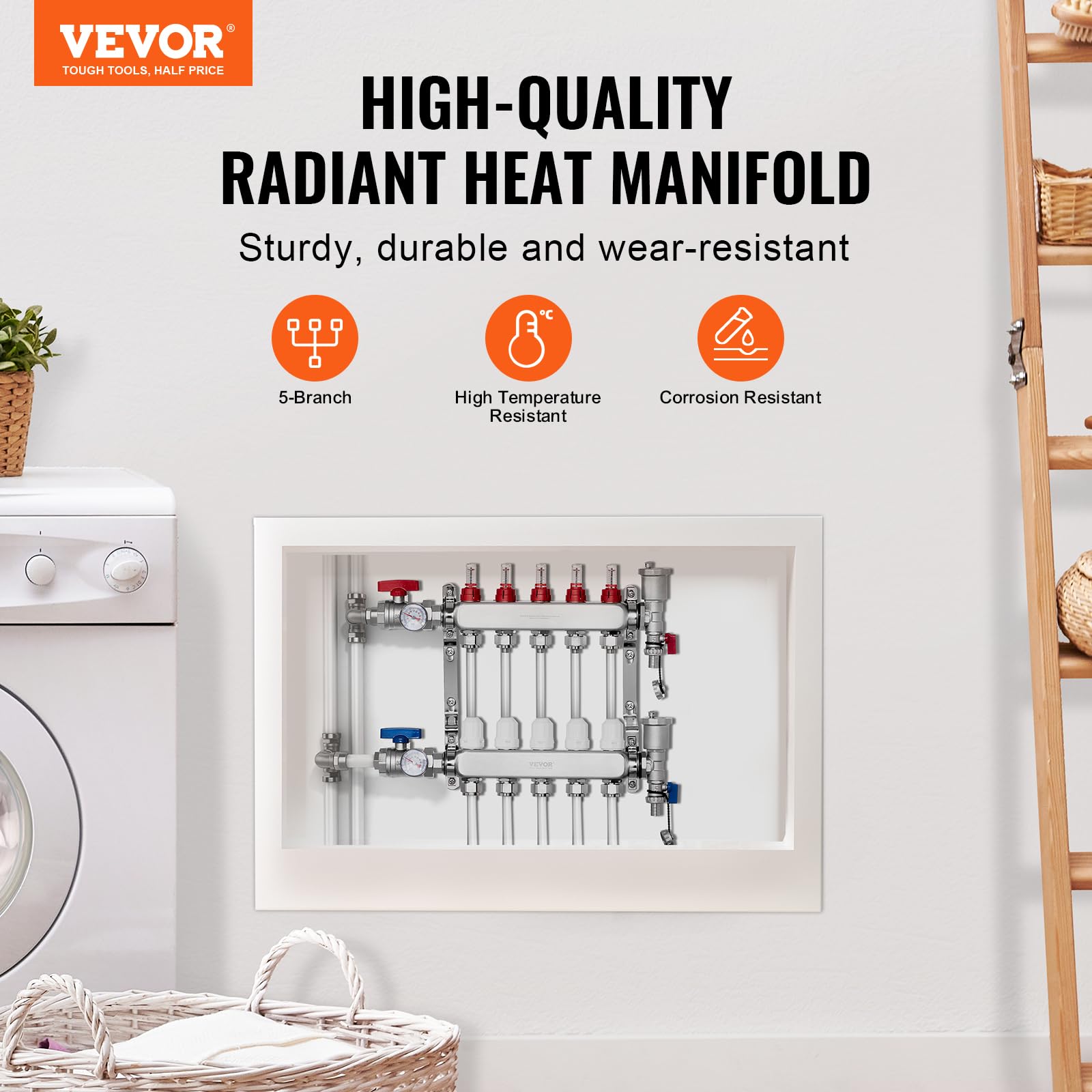 VEVOR Colector de Calor Radiante de 5 Derivaciones, Colector de Tubería PEX de Acero Inoxidable SUS304 para Calefacción por Suelo Radiante Hidrónico, con Adaptadores, 440 x 370 x 110 mm, 0-5 L/min