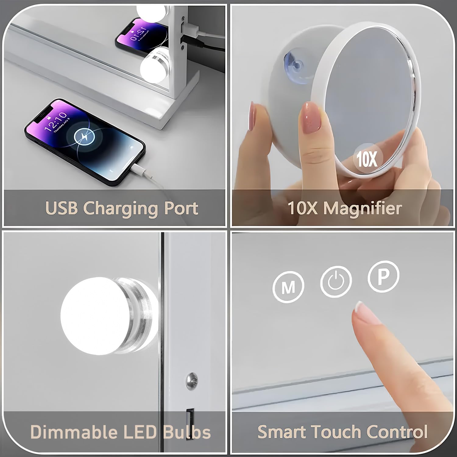 Genérico Espejo de Maquillaje con Luz LED, 3 Temperatura de Color, 15 Bombillas, Ajustable, Control Táctil, Enchufar, 58x46 cm, Montaje en Mesa y Pared, Carga USB