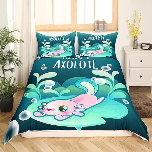 Miniatura 3 de jejeloiu Juego de funda de edredón verde de ajolote de dibujos animados, juego de ropa de cama Kawaii de animales 3D para niños, niñas, niños,