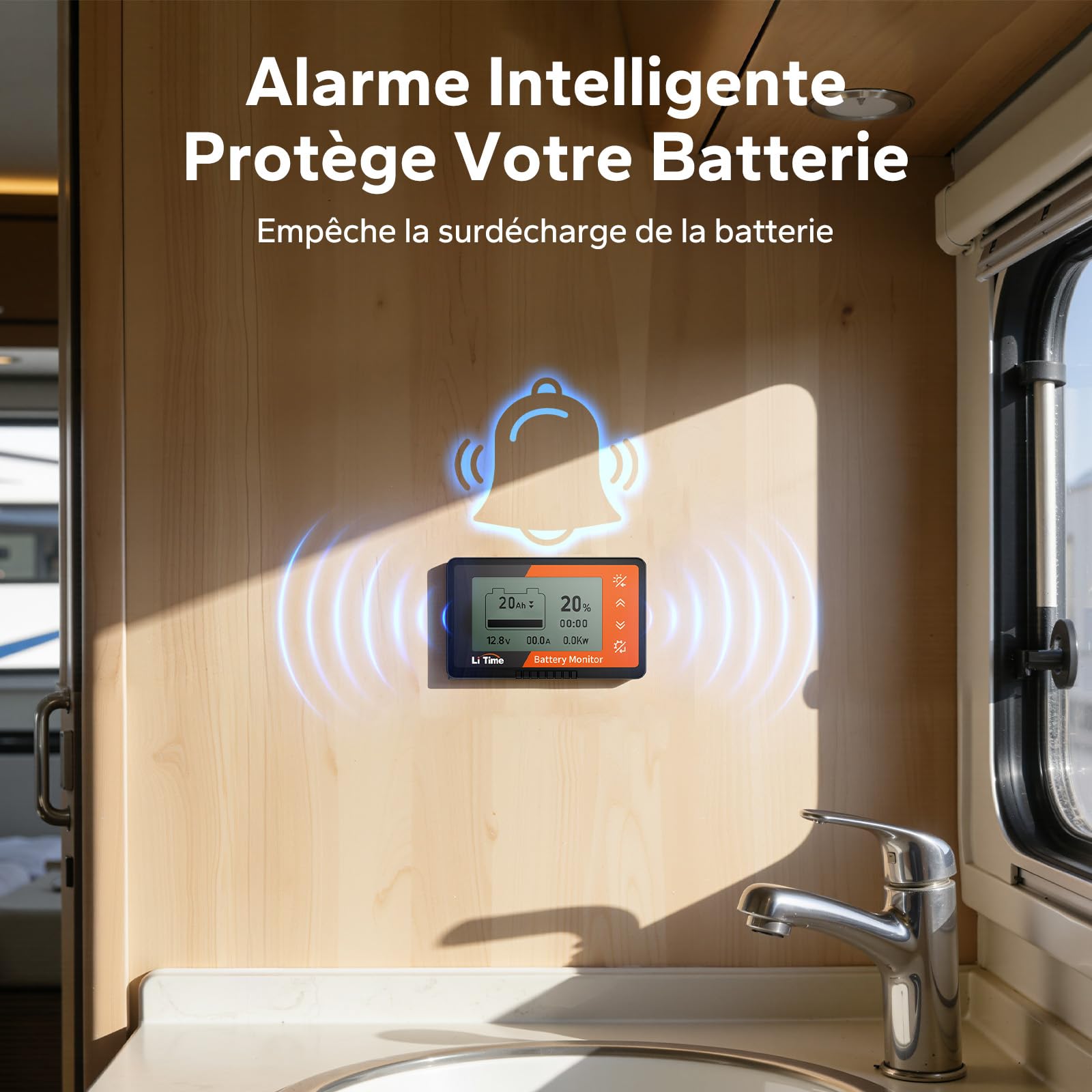 LiTime Moniteur de batterie avec shunt 500 A 8 V-120 V pour camping-car, chariot de golf, batterie solaire avec écran LCD, alarme buzzer, capacité, pourcentage de temps, affichage voltmètre