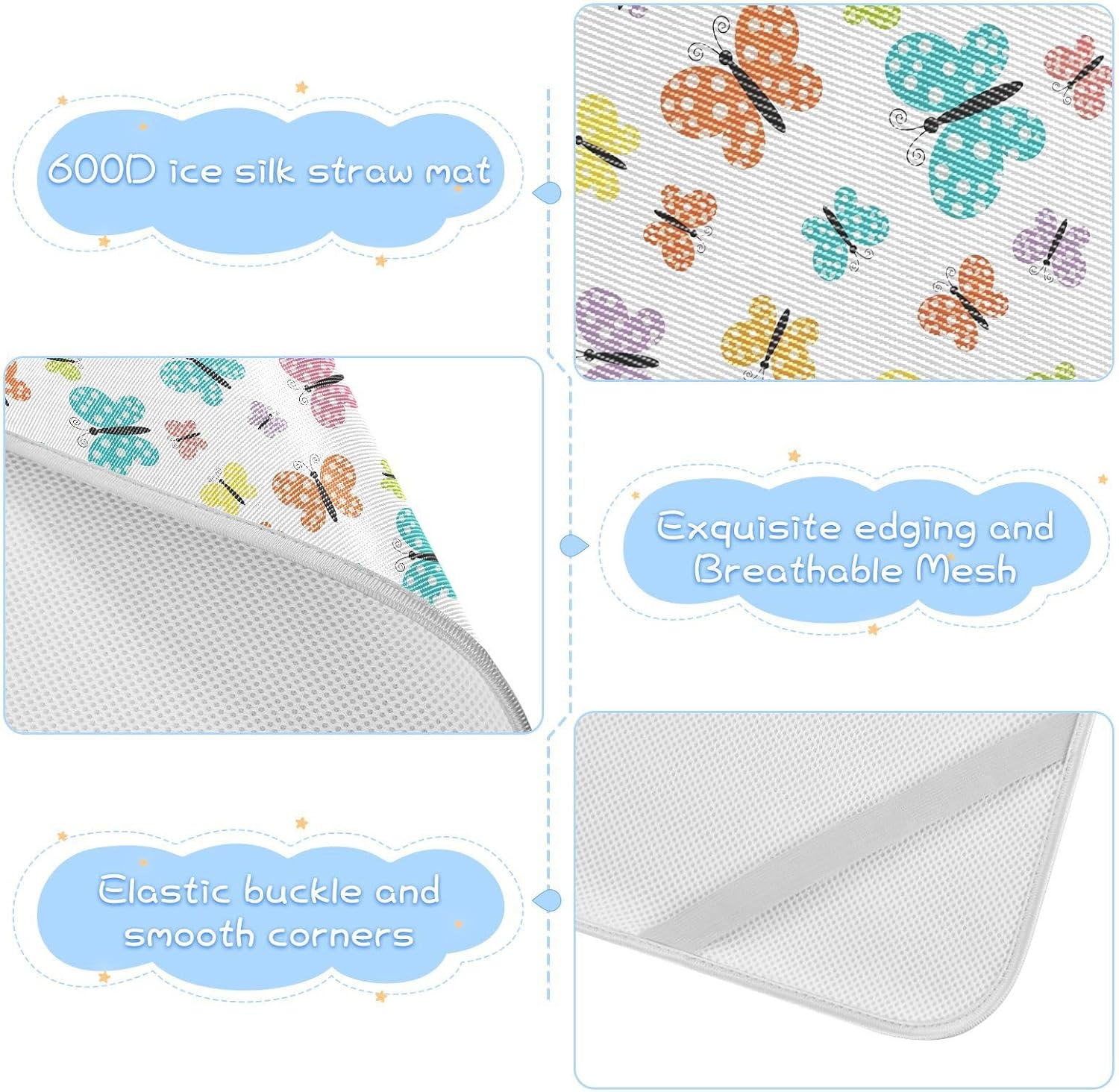 Baby Cooling Mat Colorful Cartoon Butterflies Ice Silk Breathable Mesh Summer Crib Mattress Pad with Pillowcase, Soft Cooling Sleeping Surface for Infant & Toddler, 52"x28"