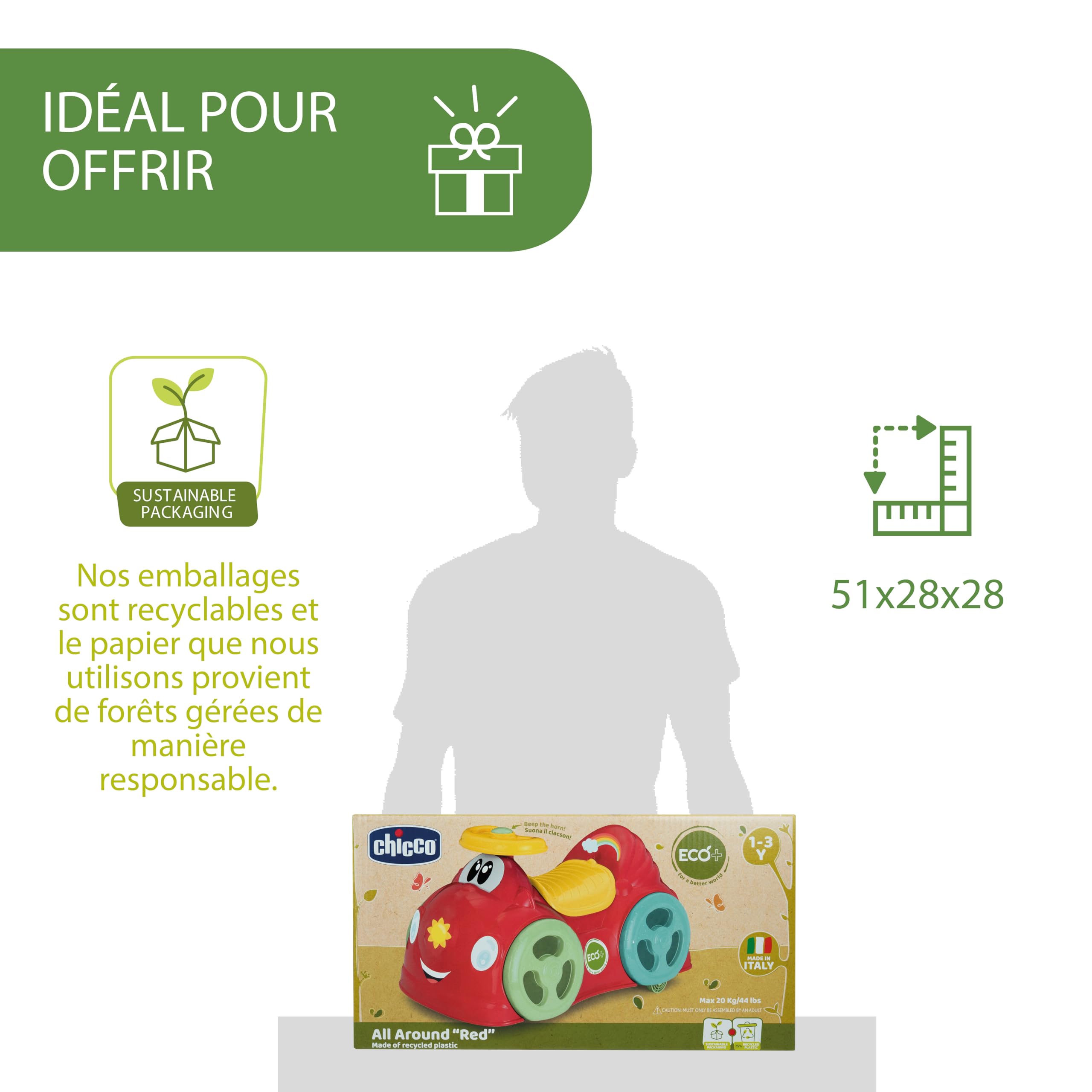 Chicco All Around Eco+ Czerwony, Samochód do Jeżdżenia dla Dzieci od 1 do 3 lat, 75% Plastiku Pochodzącego z Recyklingu, maks 20 kg