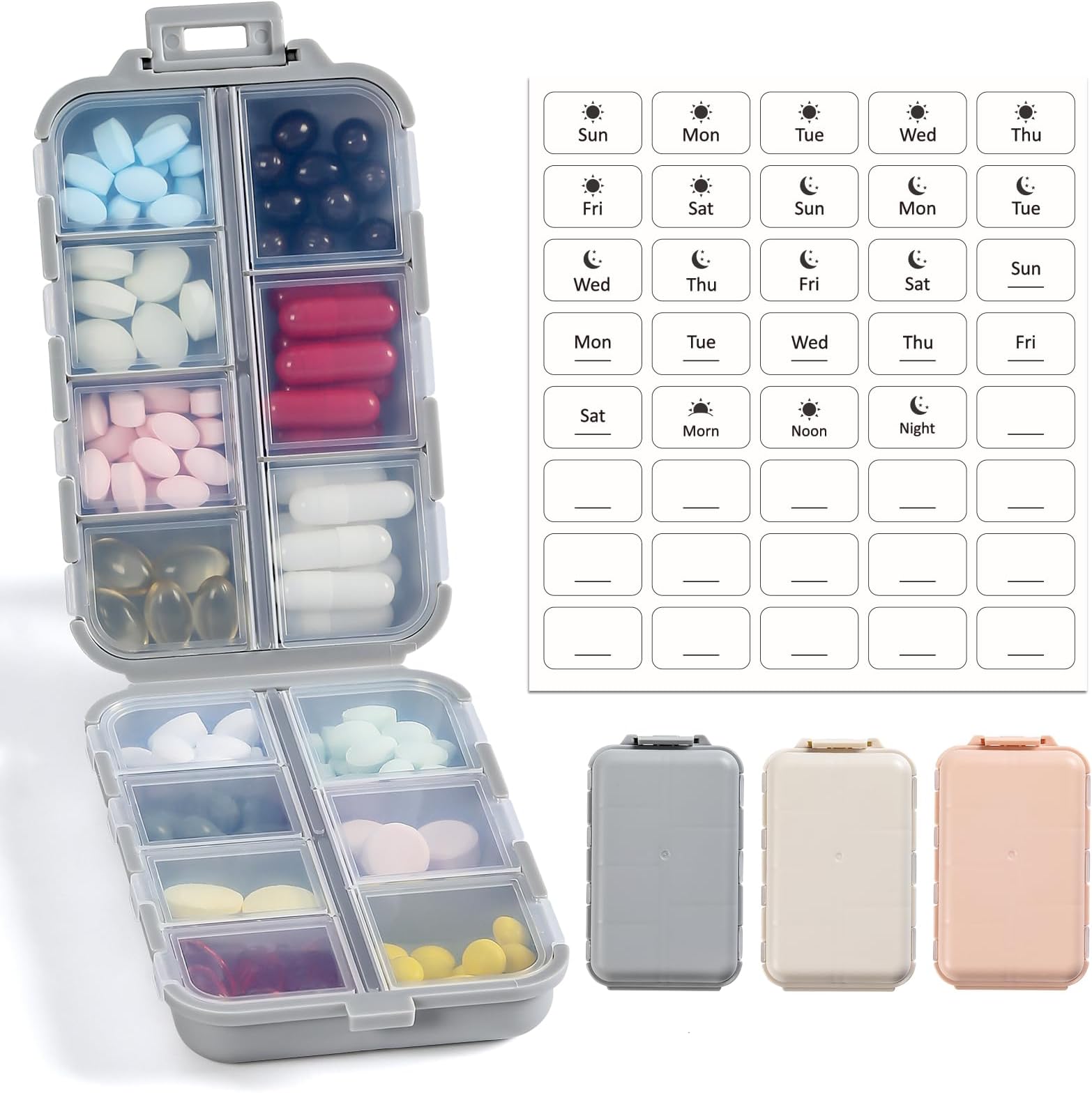 3 Pack, 14 GRIDS Pill Organizer Box with Labels Travel
