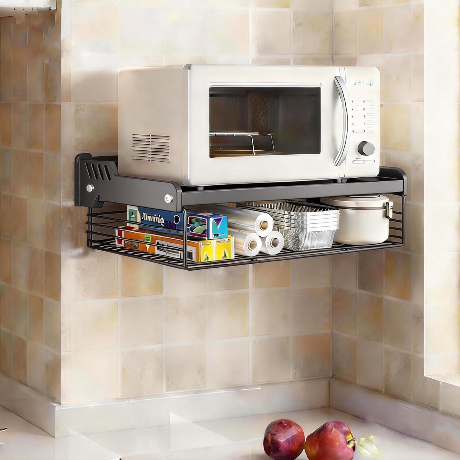 Mensola Microonde, Mensola Due Livelli Microonde da Parete con Cestino di Stoccaggio Supporto a Muro per Forno a Microonde, Ripiani Salvaspazio e Mobile Cucina