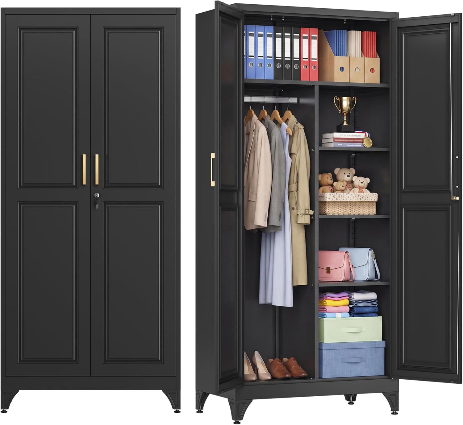 71" White Metal Wardrobe Closet with Lock, Tall Storage Cabinet with Hanging Rod & 3 Adjustable Shelves, Heavy Duty Steel Armoire for Bedroom, Laundry, Home Office, Minimalist Design