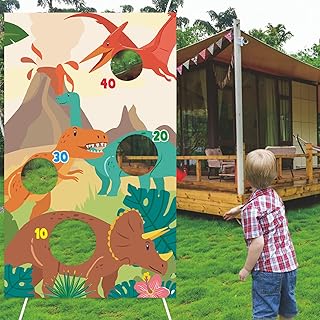 Tyrannosaurus Rex T-REX Tanystropheus Triceratops Pterodactylus Dinosaur Toss Games Banner Backdrop Volcano Tropical Dino Theme Decor Decorations for SafariÂ Wild One Birthday Party Supplies Favors