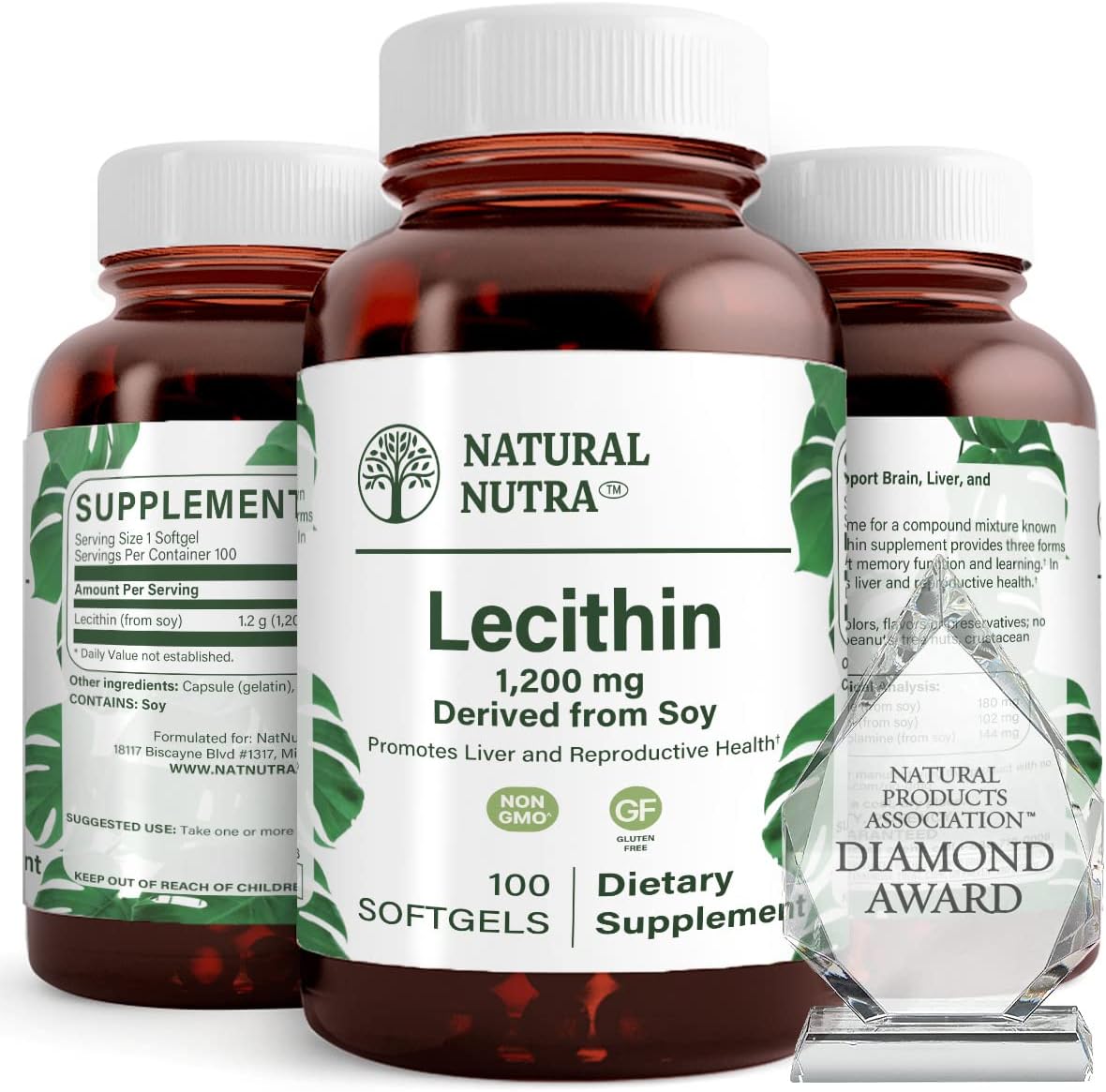Natural Nutra Soy Lecithin 1200 mg Dietary Supplement - Brain Function, Liver Health, Improve Procreant Health, Boosting Supplement - Gluten-Free, BPA-Free, 200 Softgels in Recyclable Glass Bottles