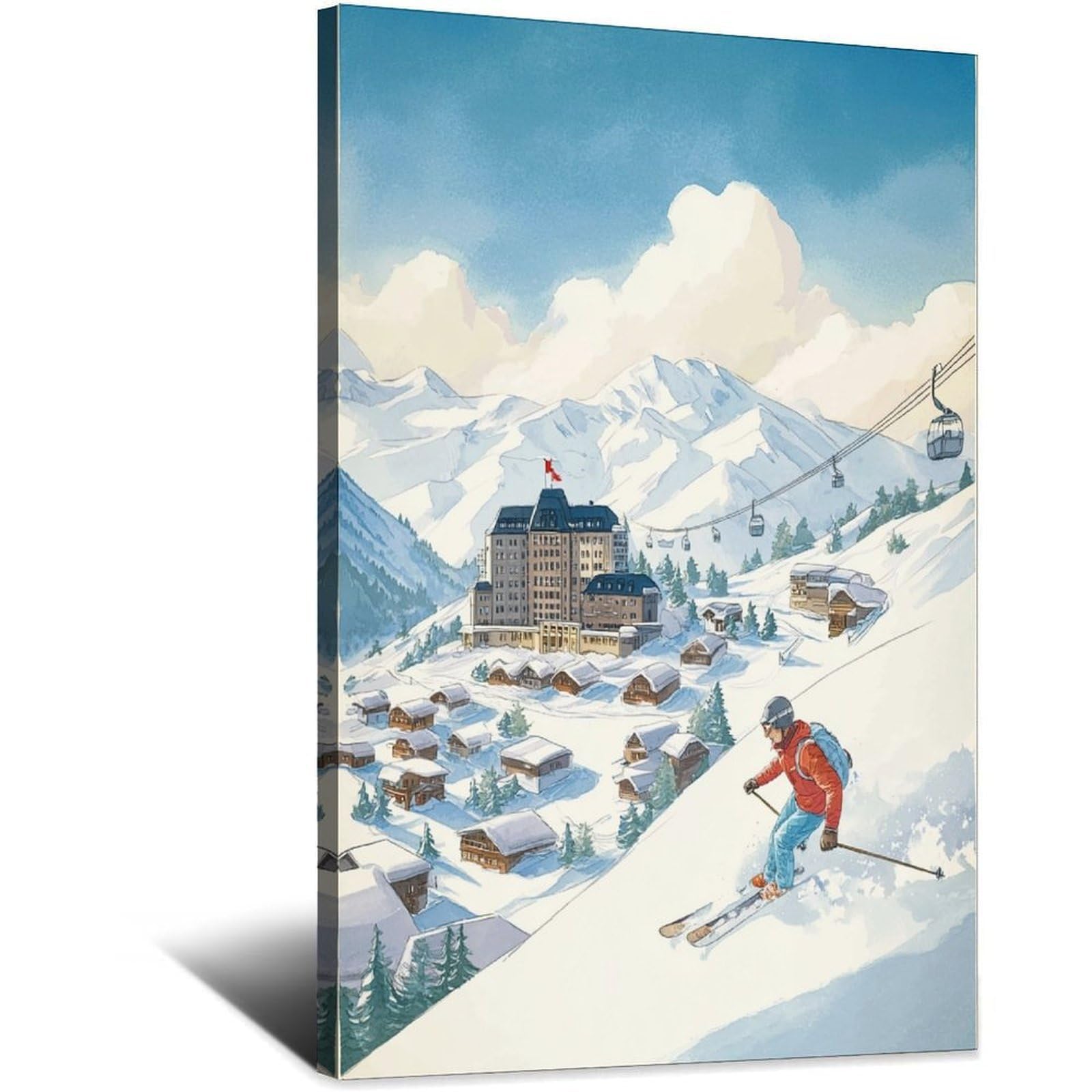 CFXNGA Gstaad Switzerland Ski Poster 20x30inch(50x75cm) Vintage Watercolor Canvas Art