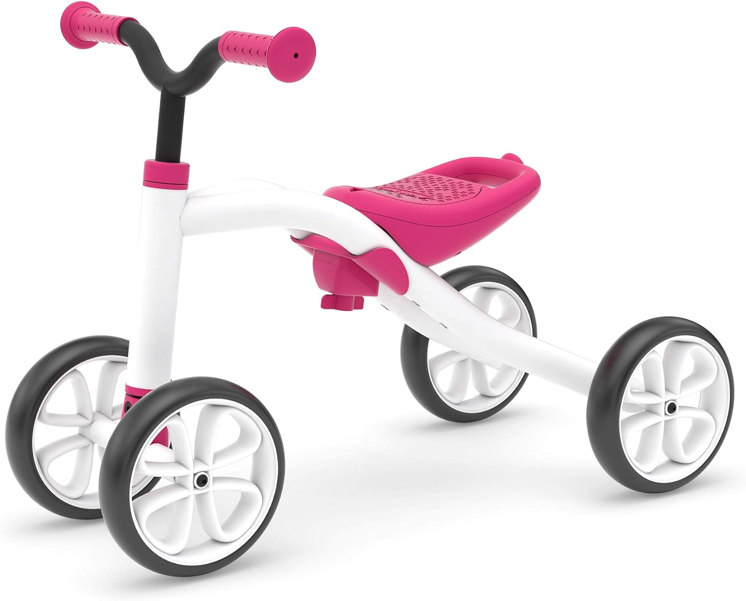 Chillafish Quadie: Stable 4-wheel “Grow-with-Me” Ride-On, 3 Seat Positions with Cookie Storage in the Seat, Silent Non-Marking Wheels and Customization Stickers, Ages 1-3, Pink
