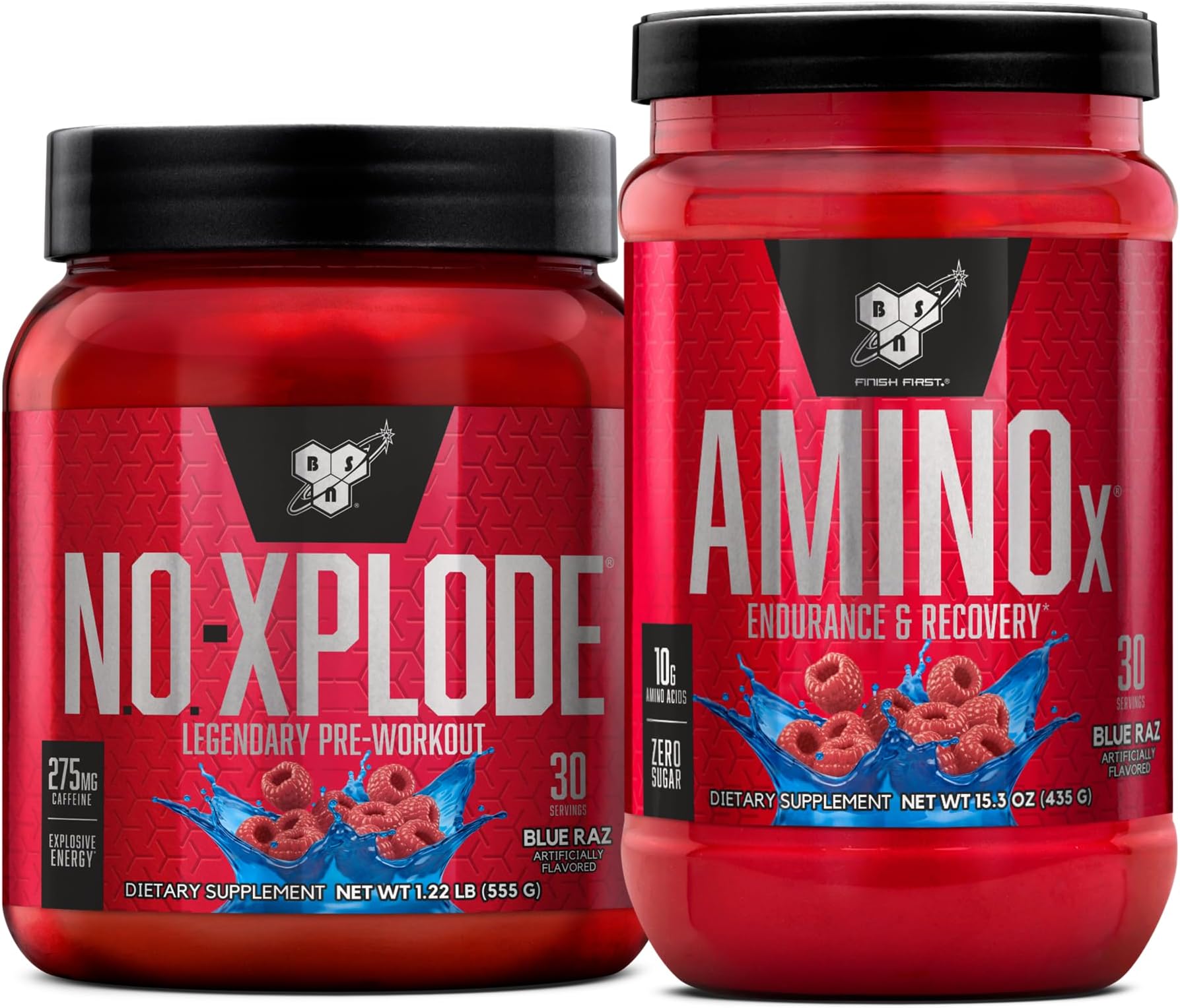 BSN Workout Bundle of NO XPLODE Pre Workout Powder Blue Raz, 30 Servings Amino X Muscle Recovery Intra Workout Support, Caffeine Free Blue Raz, 30 Servings
