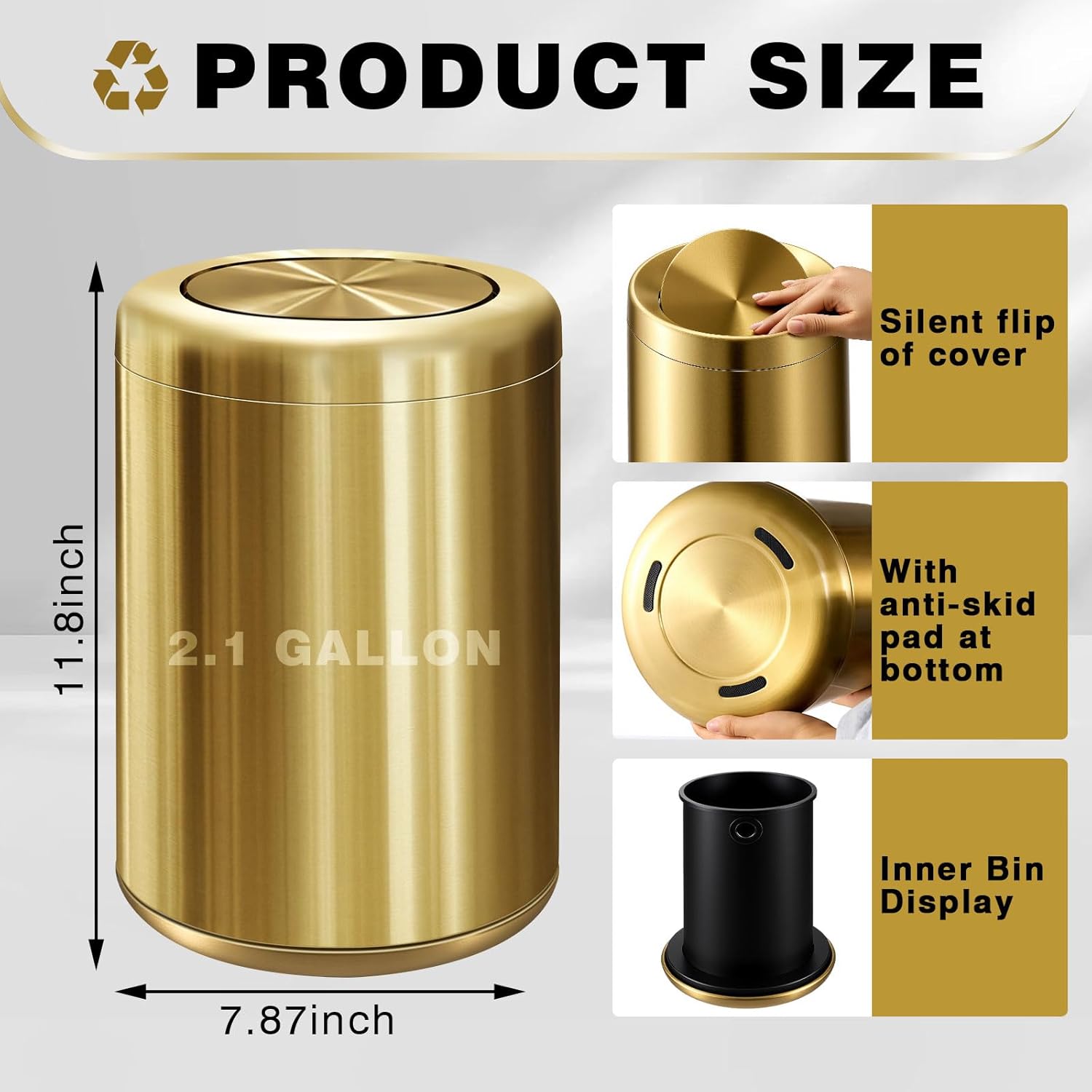 Maxdot 8 L/ 2.1 Gallon Gold Bathroom Trash Can with Flipping Lid Small Stainless Steel Garbage Bin Bathroom Trash Can Bin for Office, Living Room, Kitchen, Bedroom, Hotel