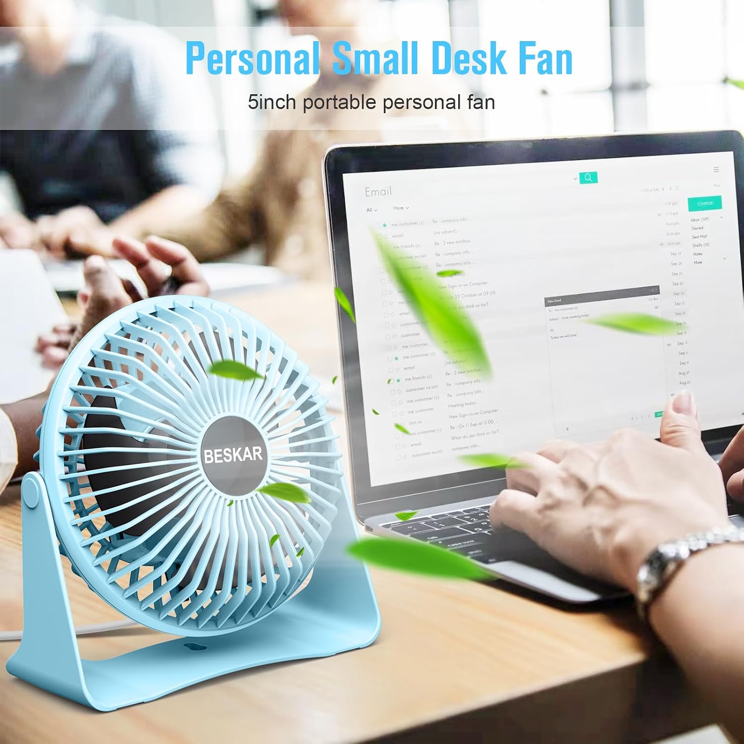 BESKAR USB Small Desk Fan, Portable Table Fans with 3 Speeds Strong Airflow image 3