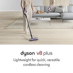 Dyson V8 Plus Cordless Vacuum, Cleans Hard Floors and Carpets, Detangles, Converts to Handheld, 115AW, 2 Power Modes, Up to 40 Minutes