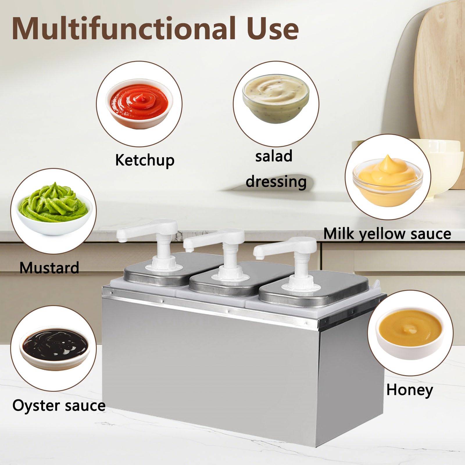 6L Ketchup Spender, Saucenspender mit 6 Pumpen, Edelstahl-Gewürzpumpstation Gewürz-Saucen-Pumpenspender, Salat-Marmeladen-Gewürz-Gewürz-Quetschpumpenbehälter für Küche und Restaurant