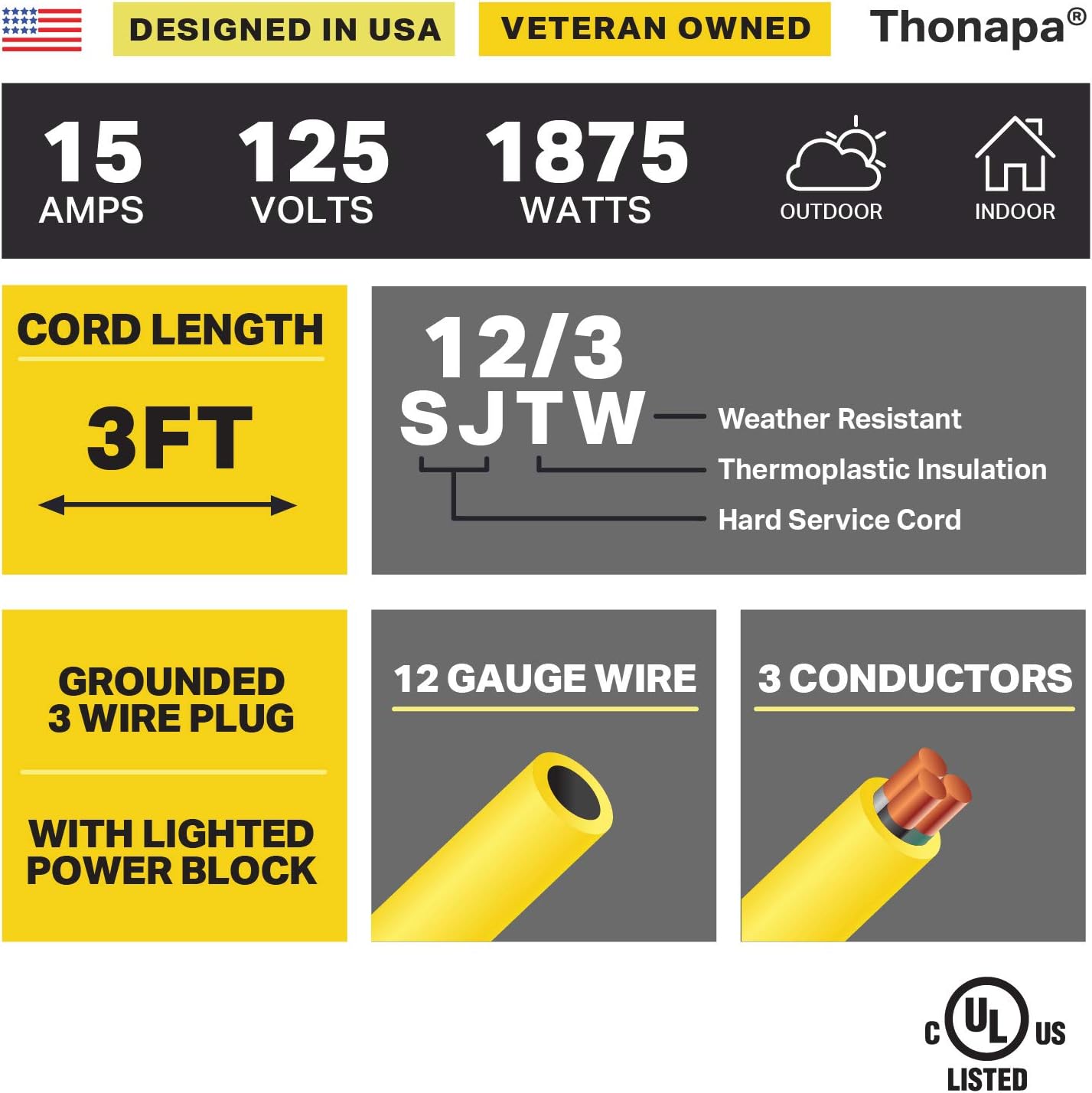 Blасk Frіdау 🔥 Thonapa 3 Foot Lighted Outdoor GFCI Extension Cord - 12/3 SJTW Heavy Duty Yellow Pigtail Extension Cable with 3 Prong Grounded Plug for Safety