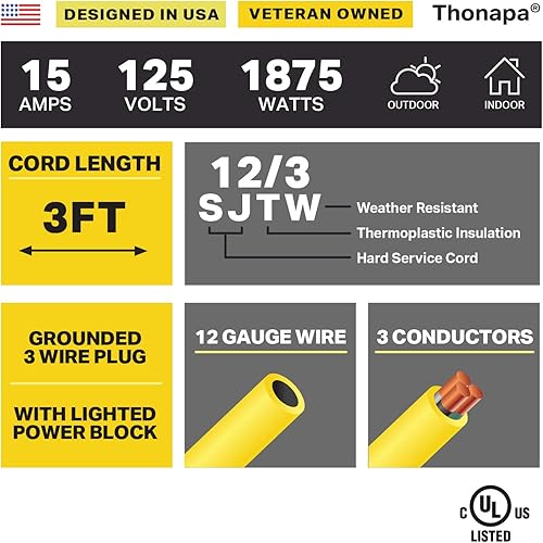 Miniatura 17 de SJTW - Cable de extensión iluminado para exteriores de 3 tomas de corriente, calibre 12, 15 amperios, cable de extensión de alimentación resistente