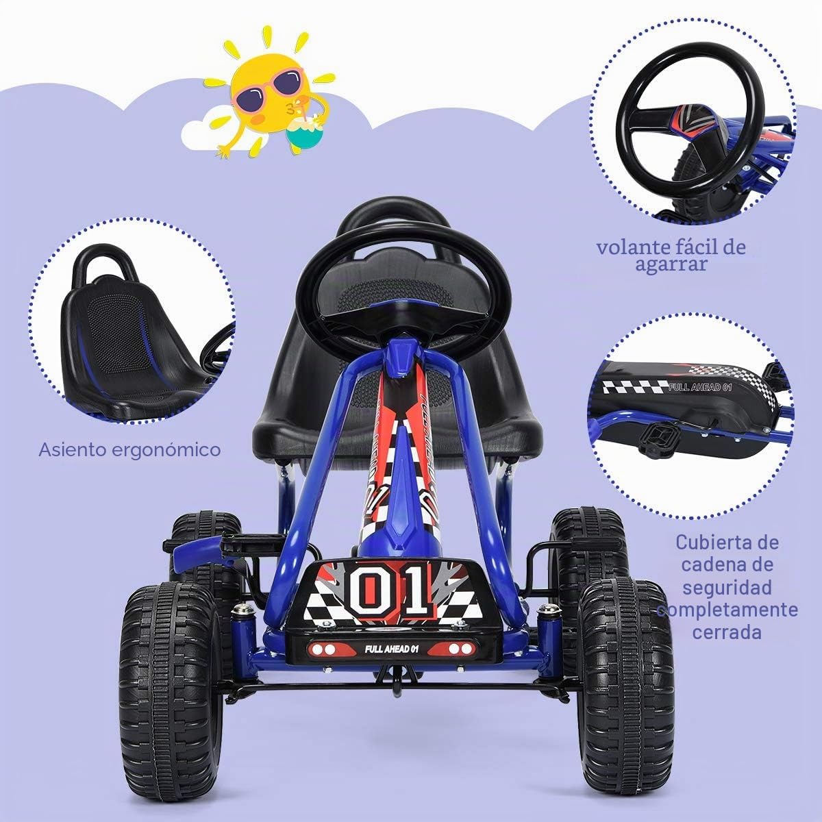 FANTASK Gokart - Coche a Pedales a Partir de 3 años con Asiento Ajustable y Freno de Mano, Go Cart soporta hasta 30 kg, vehículo Infantil (Azul)