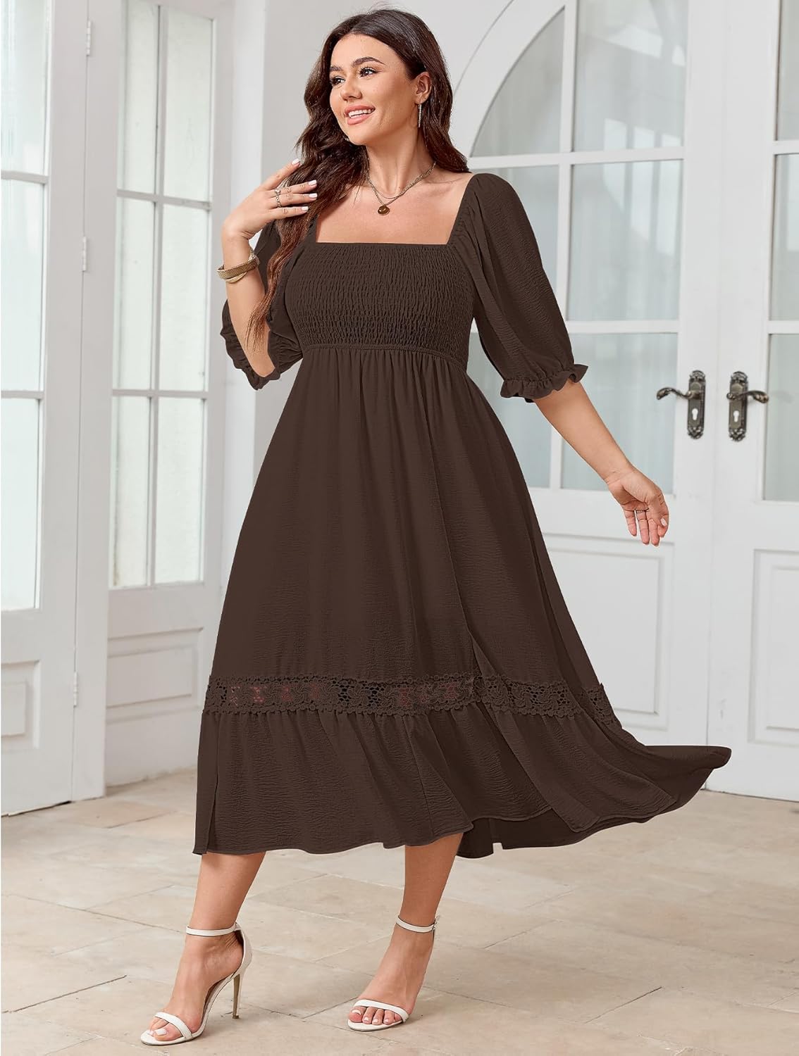 SCOMCHIC Women's Plus Size Maxi Dress Short Sleeve Square Neck Smocked Flowy A-Line Lace Trim Boho Wedding Guest Dresses - Image 5