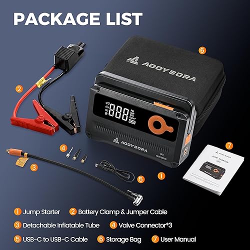 Miniatura 9 de Arrancador de batería de coche 9 en 1 6000A con compresor de aire 26800mAh, caja de salto portátil de 150PSI 12V con inflador de neumáticos de