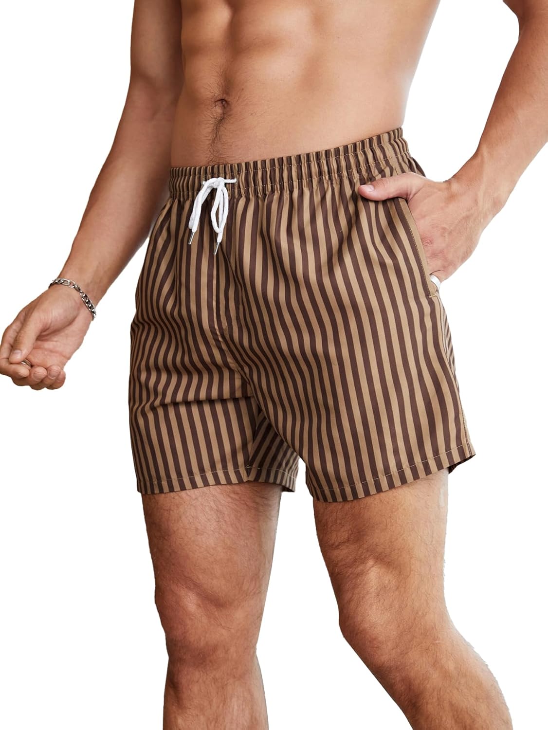 Men’s Striped Print Swim Trunks Drawstring Waist Pockets Quick Dry Shorts with Liner Men’s Striped Print Swim Trunks Drawstring Waist Pockets Quick Dry Shorts with Liner