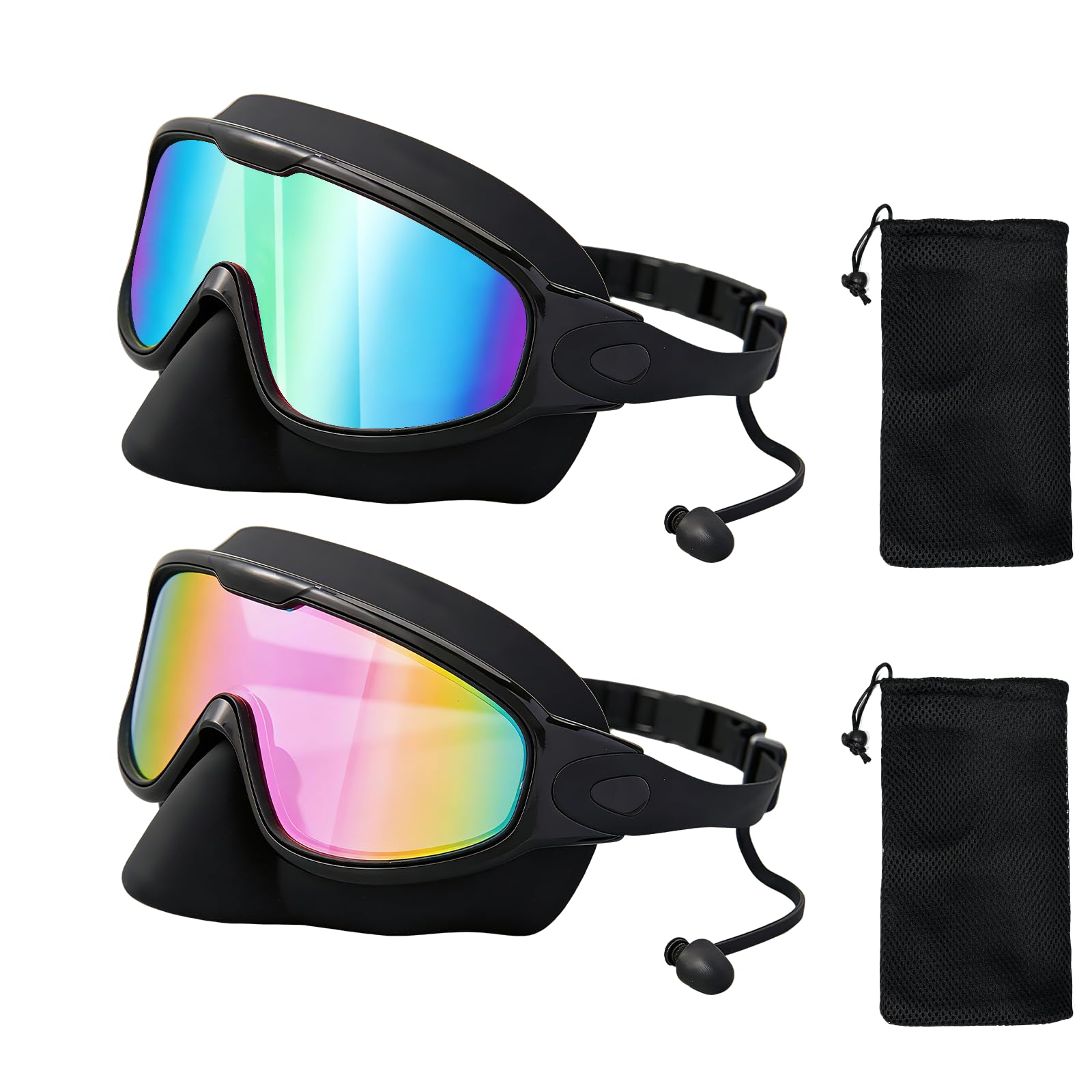Occhialini Nuoto Uomo, Occhialini Nuoto Donna con Tappi Orecchie, Anti-UV Anti-Appannamento Occhiali Piscina Adulto, con Borsa a Rete, Regolabile Occhiali Polarizzati Nuoto, per e Surf e Adolescenti