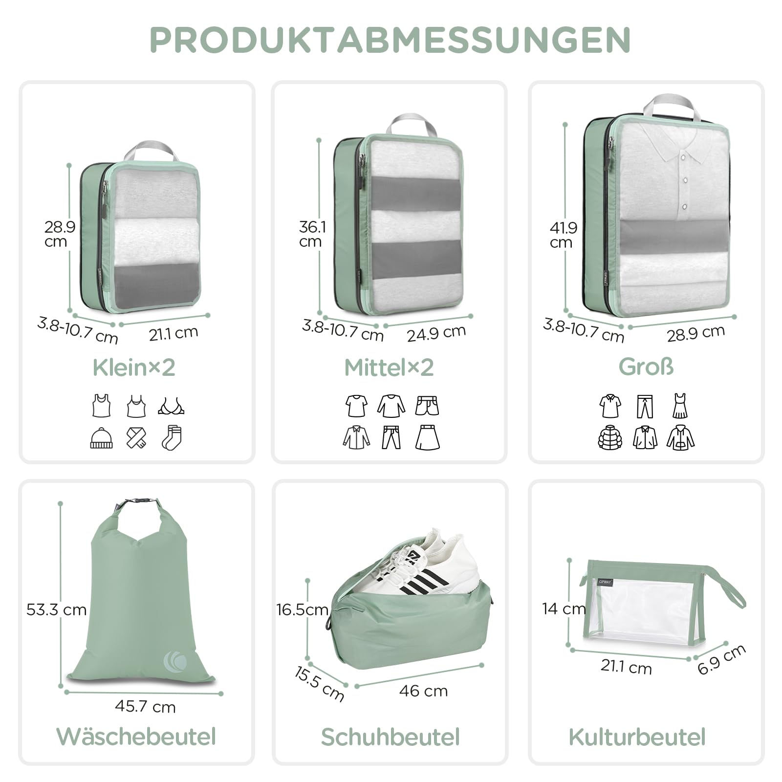 Cipway Kompression Koffer Organizer Set für Rucksack ，Netzgewebe Ultraleichte Packtaschen Packing Cubes Packwürfel Kofferorganizer Packtaschen Kleidertaschen für Reiseorganizer(Salbei grün, 8 Stück)