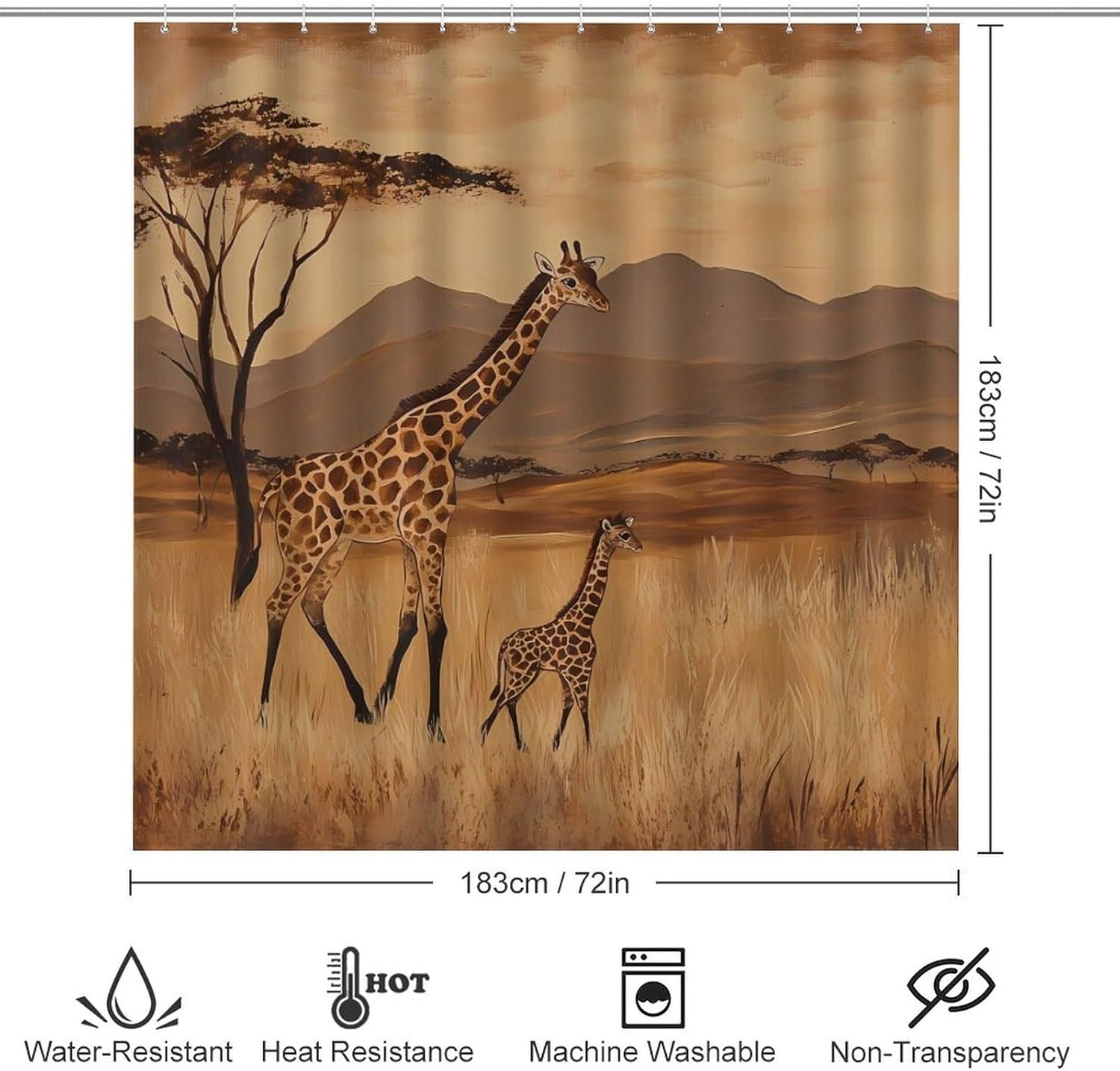 Giraffes in an African Modern Bathroom Sets with Shower Curtain and Rugs Decor 4 Pcs with 12 Hooks
