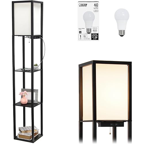 Simple Designs LF1037-BLK-LB Three Shelf Etagere Organizer Storage Floor Lamp with 2 Dual USB Ports and Charging Outlet, Black, with Feit LED Bulb Included