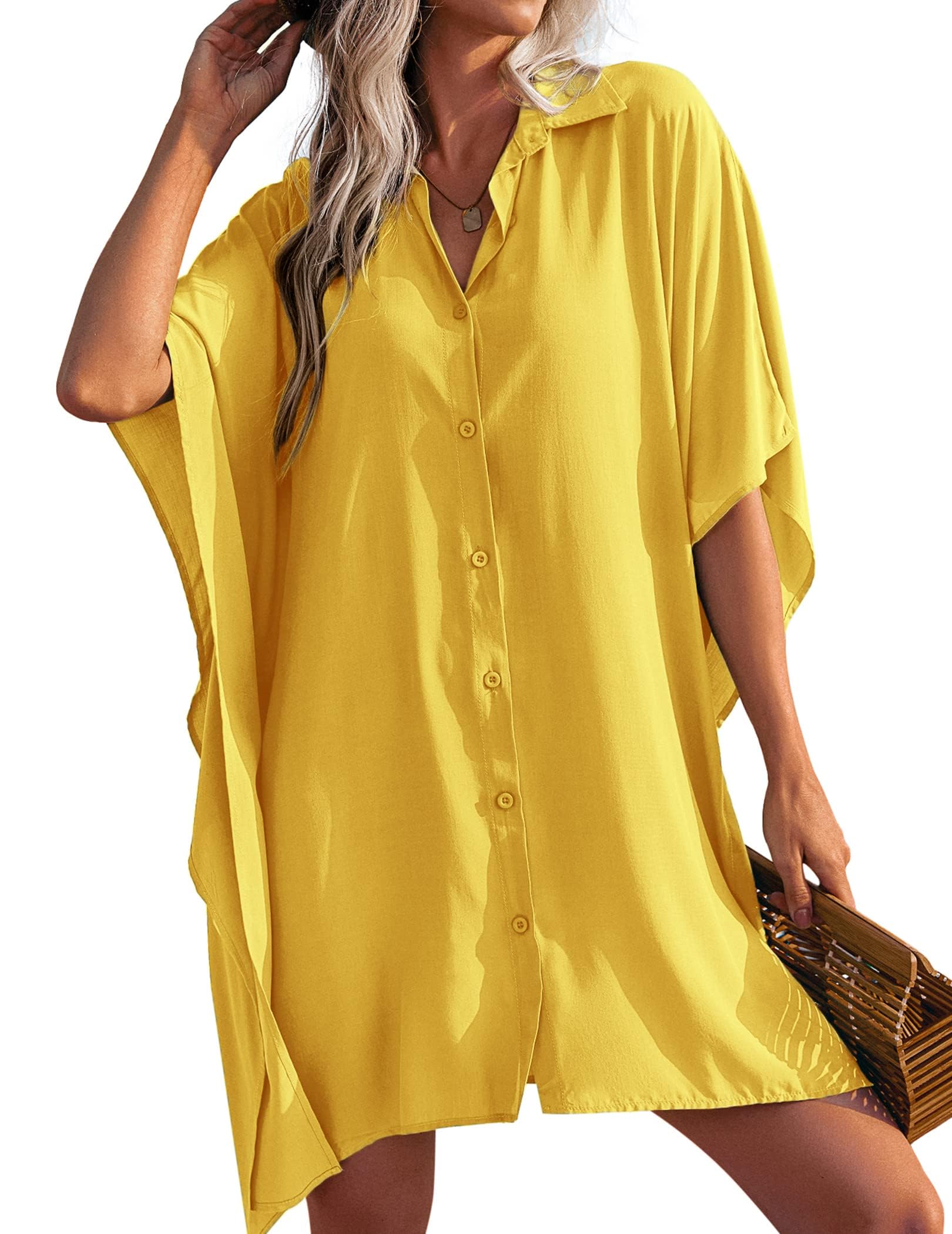 Ekouaer Women's Swimsuit Cover Up 3/4 Sleeve Beachwear Bikini Coverups Button Down Oversized Cover Up Shirt S-3XL