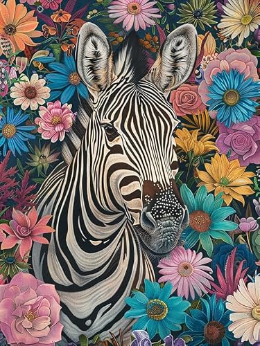 Zariocy 5D Diamond Art Kits for Adults Zebra Flowers, DIY Diamond Painting Art Animal Round Full Drill Crystal Diamond Embroidery Paintings Arts Craft for Home Office Wall Decor 12x16 inch