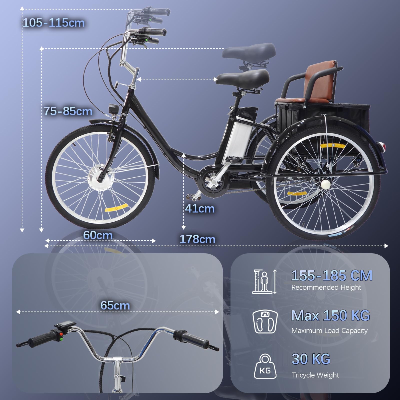 Triciclo elettrico per adulti da 24 pollici, bicicletta elettrica con sedile posteriore, veicolo elettrico a tre ruote, batteria al litio Etrike 36V 12Ah, carico massimo 150 kg