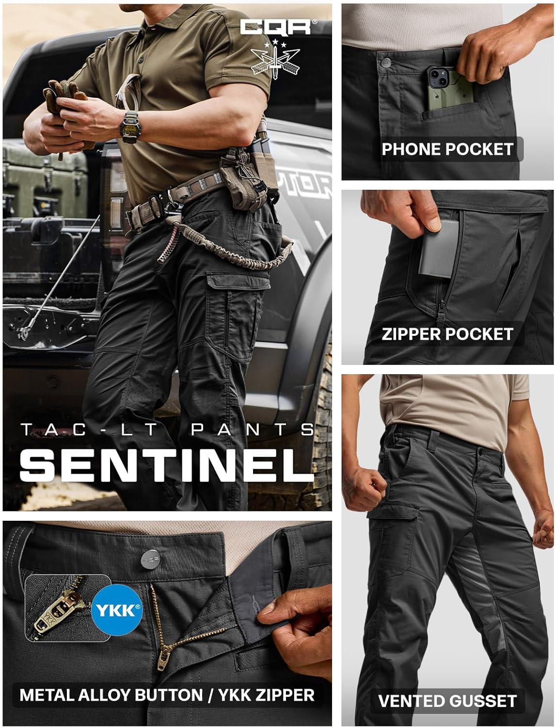 CQR Men's Utility Flex Cargo Pants, Classic-Fit Casual Stretch Work Pants, Water Resistant Lightweight Tactical Hiking Pants - Image 7