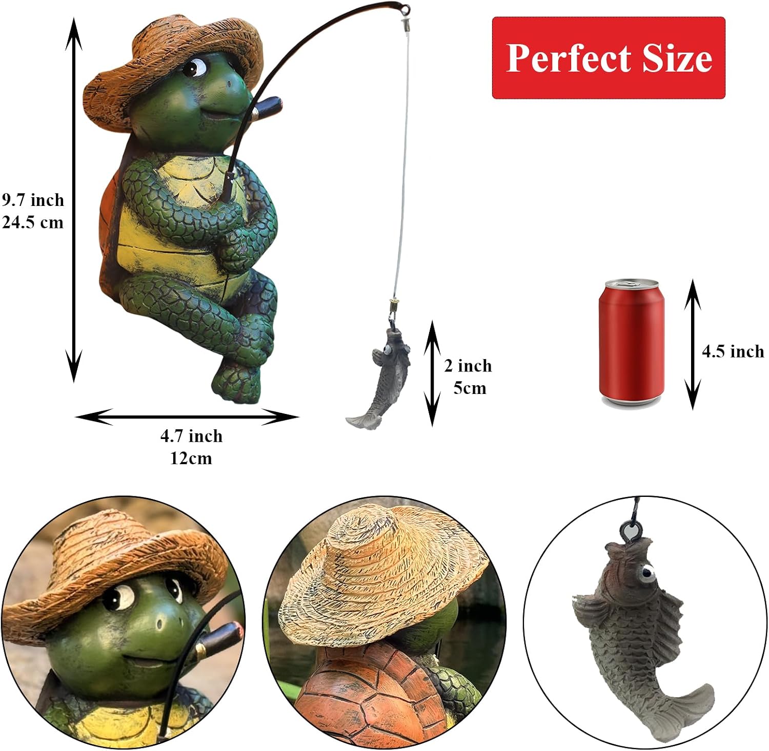 Garden Tortoise Pond Statue Decoration, Fishing Turtle Outdoor Statues for Koi Pond or Waterfall Decor, 9.5" Figurine Poolside Statue, Outdoor Decor, Gifts for Mom image 3