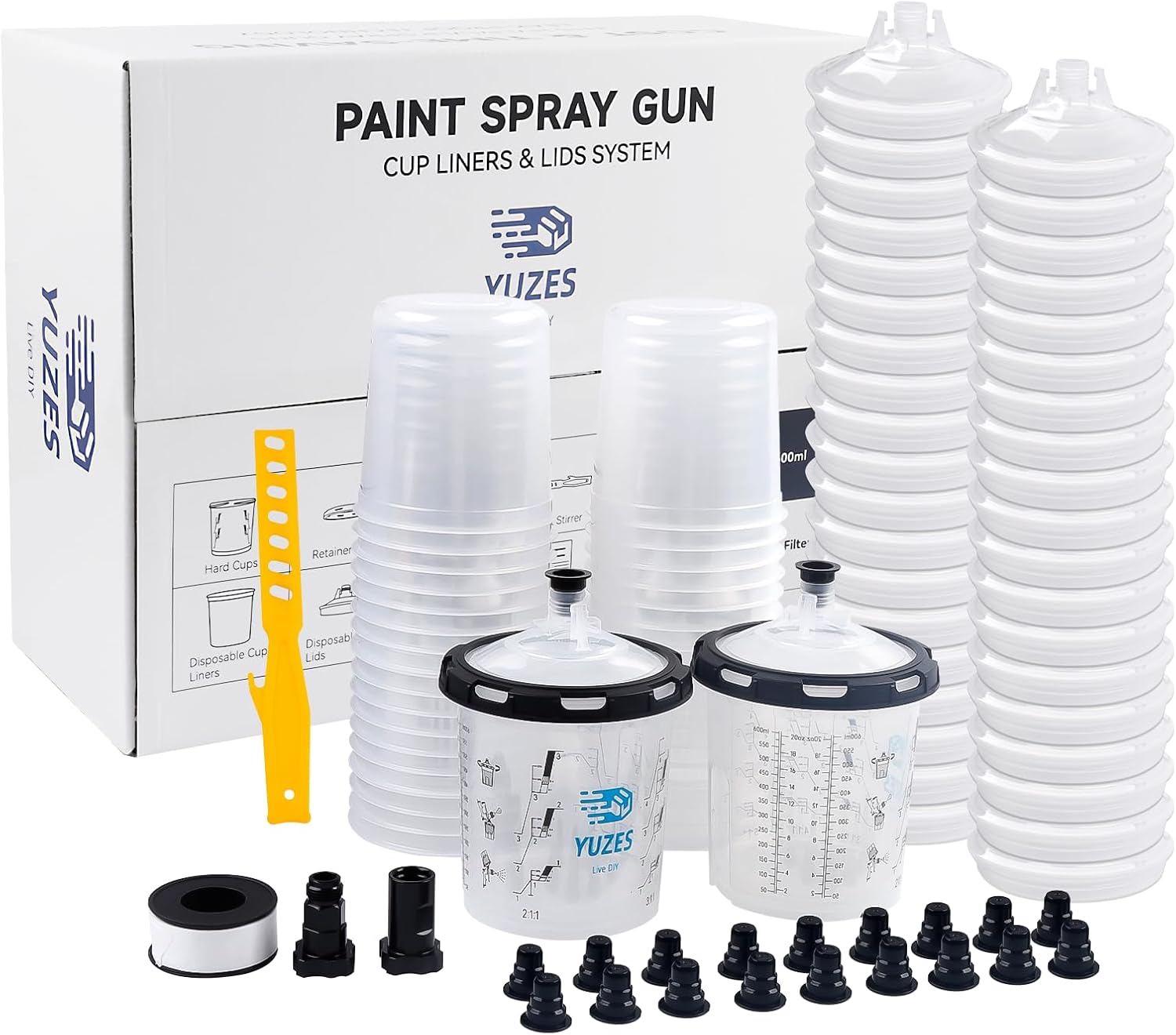 YUZES Disposable Paint Gun Cups 20 Ounce(600ML), 40 Disposable Paint Cups Liners and Lid, 2 Hard Cup with Retainer Ring, 20 Plugs, PTFE Tape, Stirrer, 2 Spray Gun Adapter, for Mix, Spray, Store Paint