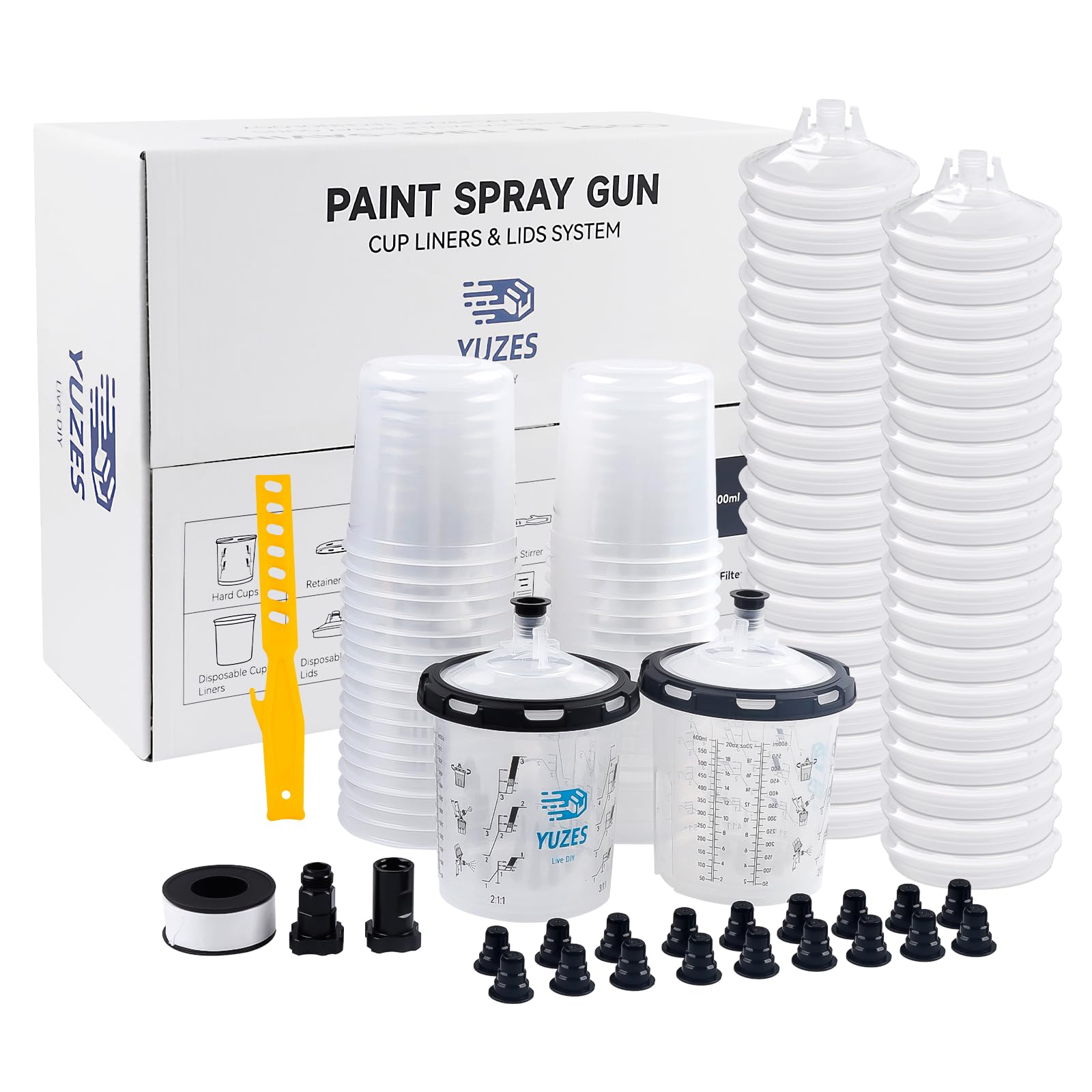 Photo 1 of YUZES Disposable Paint Gun Cups 20 Ounce(600ML), 40 Disposable Paint Cups Liners and Lid, 2 Hard Cup with Retainer Ring, 20 Plugs, PTFE Tape, Stirrer, 2 Spray Gun Adapter, for Mix, Spray, Store Paint