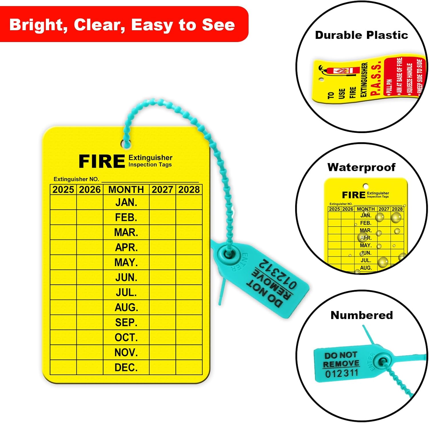 30 Sets Fire Extinguisher Tags Monthly Inspection Tear-Resistant Numbered Plastic Tamper-Evident Cable Ties Easy to Punch Includes Handheld Hole Puncher