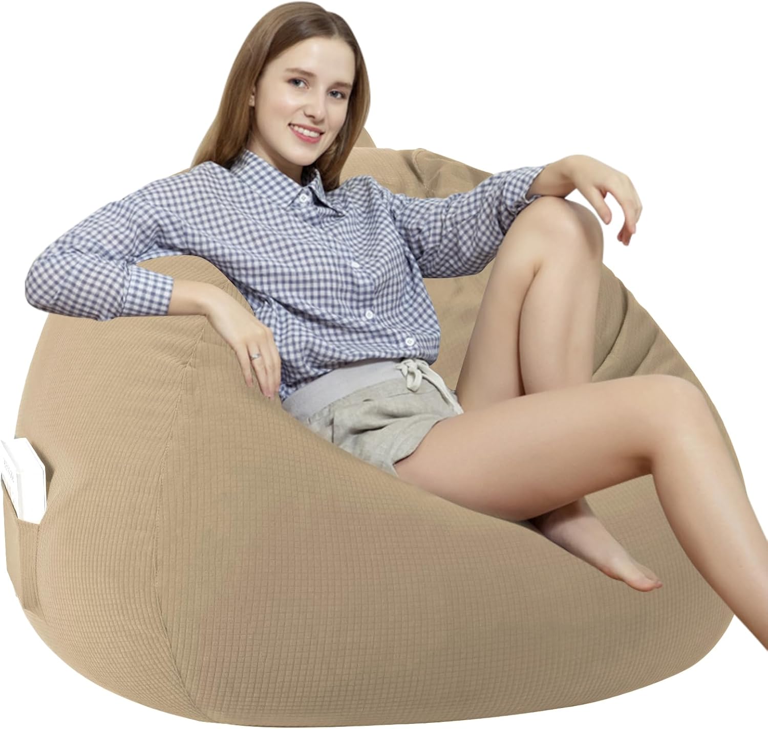 Waterproof Bean Bag Chair Cover (No Filler) Stuffed Animal Storage for Kids Adults and Pets. Soft Premium Stuffable Bean Bag Chair Cover Leakproof Furniture Protector, Pets Bed Small 100L Khaki L for Adults