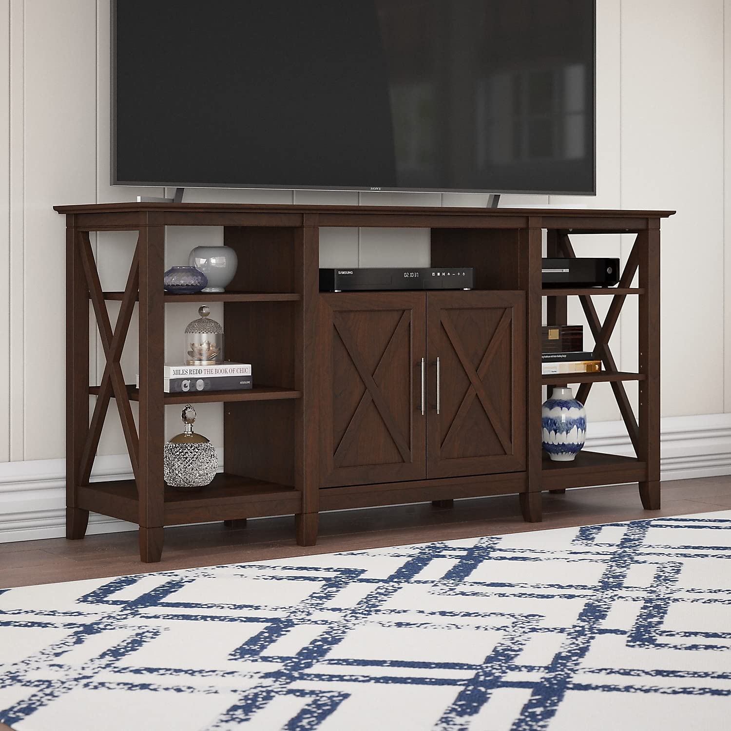 Bush Furniture Key West Tall TV Stand for 65 Inch TV in Bing Cherry, Farmhouse Entertainment Center with Storage