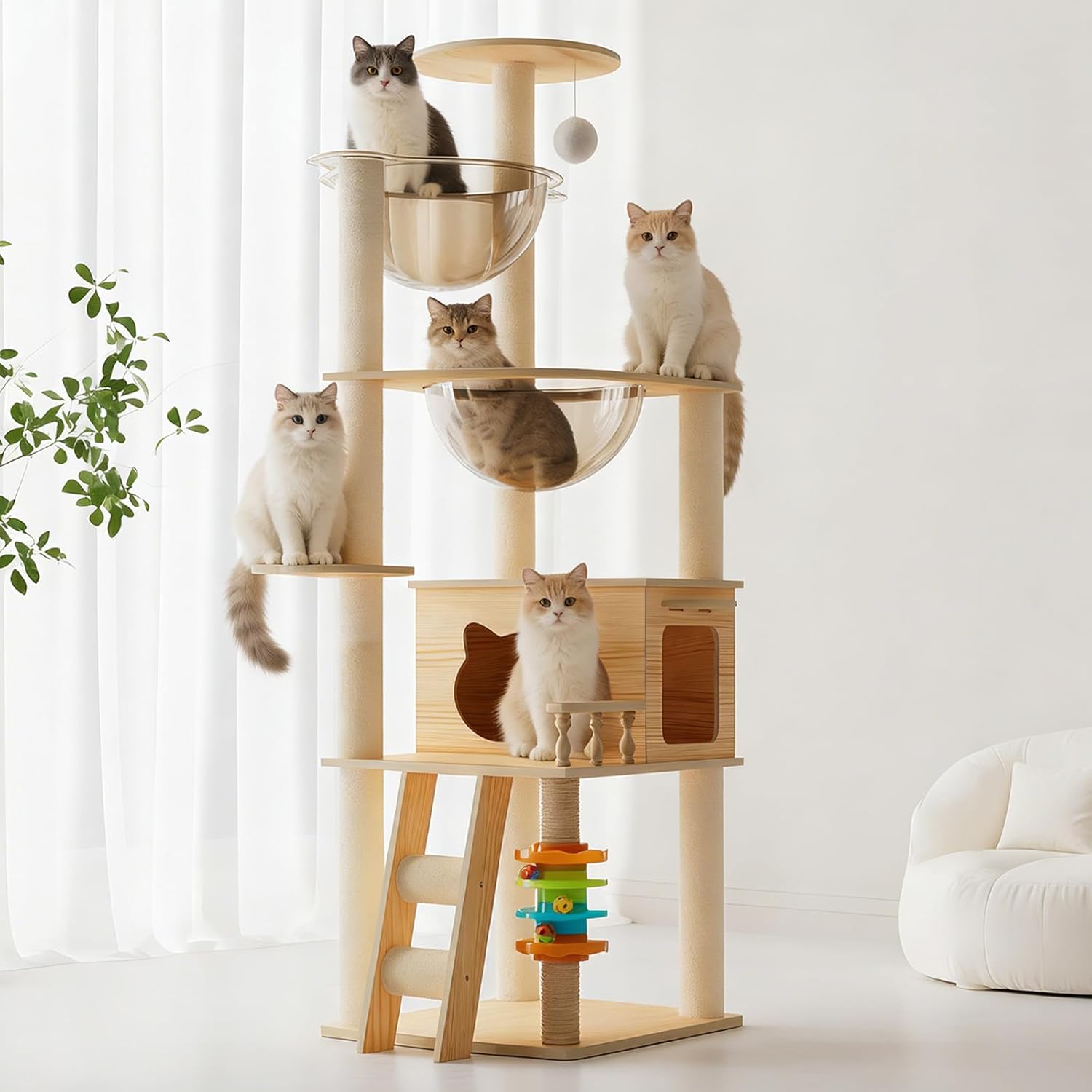 Wooden Cat Tree for Indoor Cats,Modern Multi-Level Cat Tower with Space Capsule,Acrylic Hammock,Sisal Scratching Posts & Ladder,Large Cat Condo with House and Top Perch for Small & Large Cats (59")