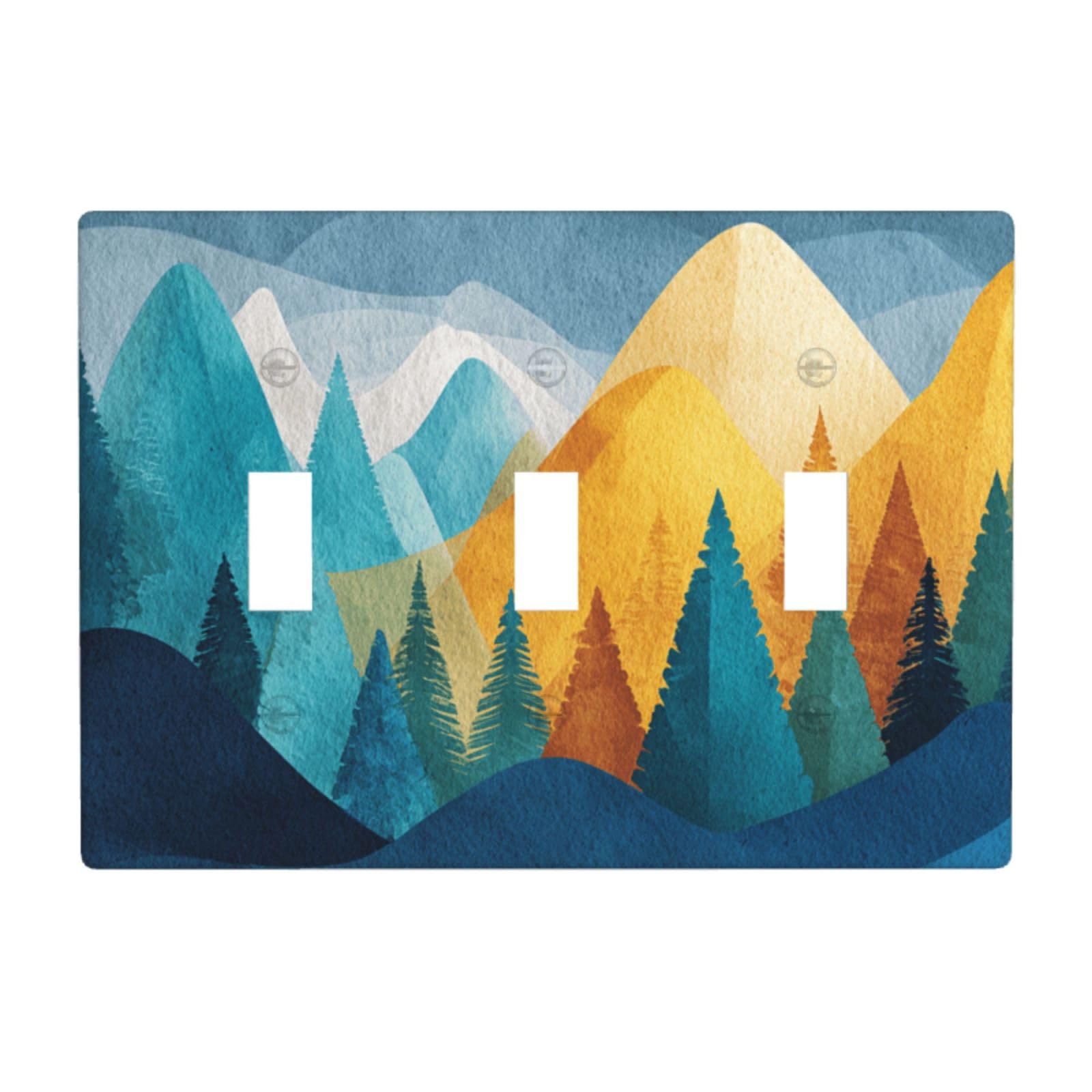 Watercolor Mountains with Trees Mid-Century Rustic Light Switch Covers 3 Gang Triple Toggle Wall Plate Switchplate Electrical Faceplate for Bathroom Kitchen Bedroom Decor