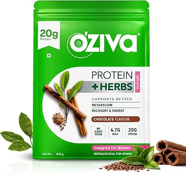 OZiva Protein & Herbs, Women with Multivitamins, Curcumin, Shatavari, Tulsi for Improved Metabolism, Hormonal Balance & Skin, Hair Health, 1.1 lbs Chocolate, 16 Serving