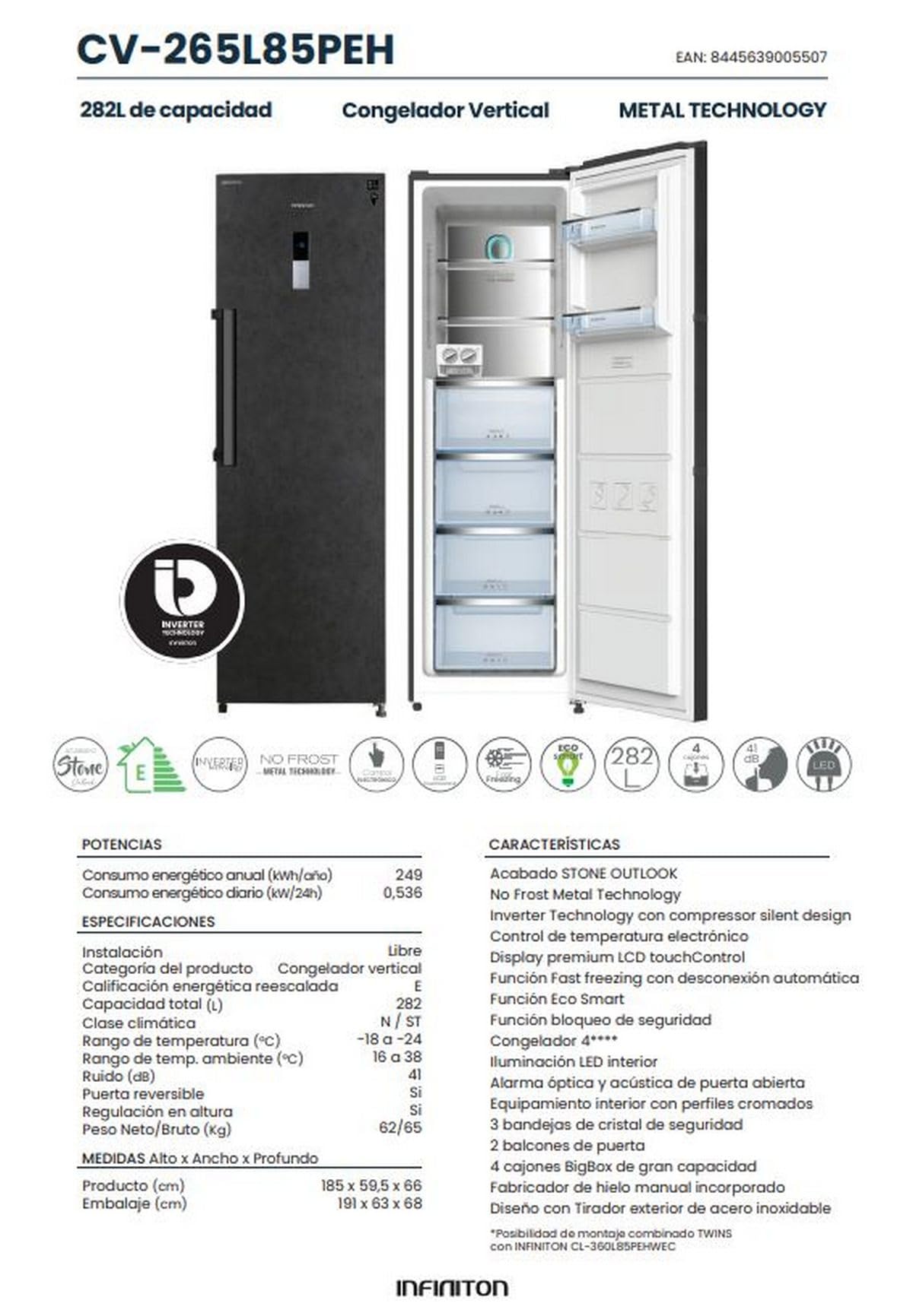 INFINITON Congelador Vertical CV-265L85PEH, 282 L, No Frost, Inverter, Acabado STONE OUTLOOK, Puerta Reversible, Fabricador de hielo manual incorporado, E, Tirador exterior de acero inoxidable