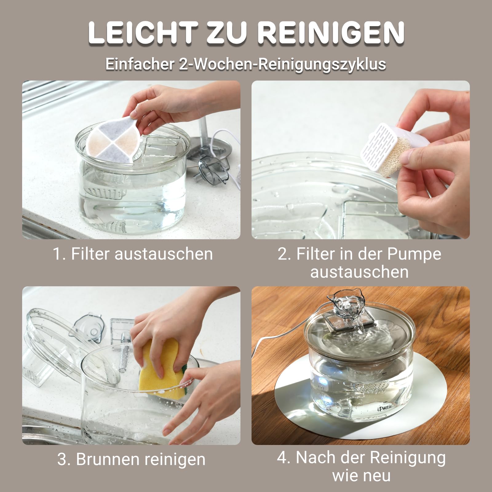 iPettie G01 Glas Katzenbrunnen, Trinkbrunnen für Katzen und Hunde 2L/68oz mit 2 Sprühaufsätzen, 3-stufiger Filtration, Automatischer Wasserspender aus Glas & Edelstahl
