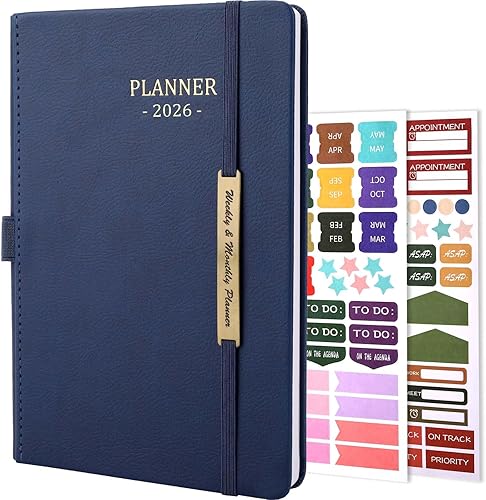 Vista 17 de Tiankool Agenda 2026, enero 2026 - diciembre 2026, agenda semanal y mensual con calcomanías, cierre elástico, bolsillo interior, esquina redonda